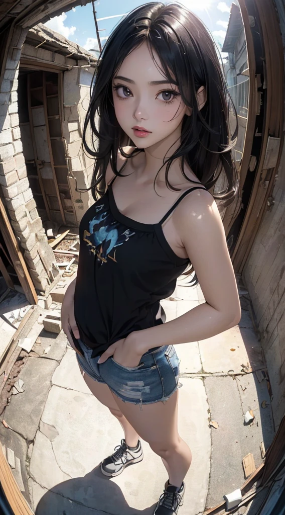 ung girl, dark hair, hands on chest, ultra detailed, wet face, blue eyes, eye detailed, black tank top, no brah, grey short skirt, tank top only, open mouth