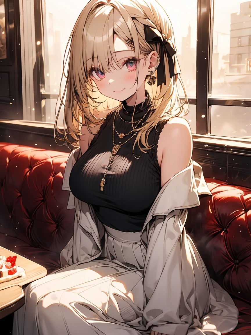 masterpiece, absurdres, best quality, ultra detailed, high Resolution, detailed illustration, extremely beautiful detailed face and eyes, bright colour, 1girl, (loli), cute face, Delicate beautiful face, magenta eyes, cute eyes, sparkling eyes, big eyes, medium breasts, (perky breasts:1.1), (pointy breasts:1.1), medium hips, glamorous body, white skin, smile, BREAK, long bob cut, (blonde hair:0.8), messy hair, detailed hair, shiny hair, BREAK off shoulder sweater, long skirt, tiny ribbon, restaurant, eating shortcake, real world, natural lights, perfect lighting,