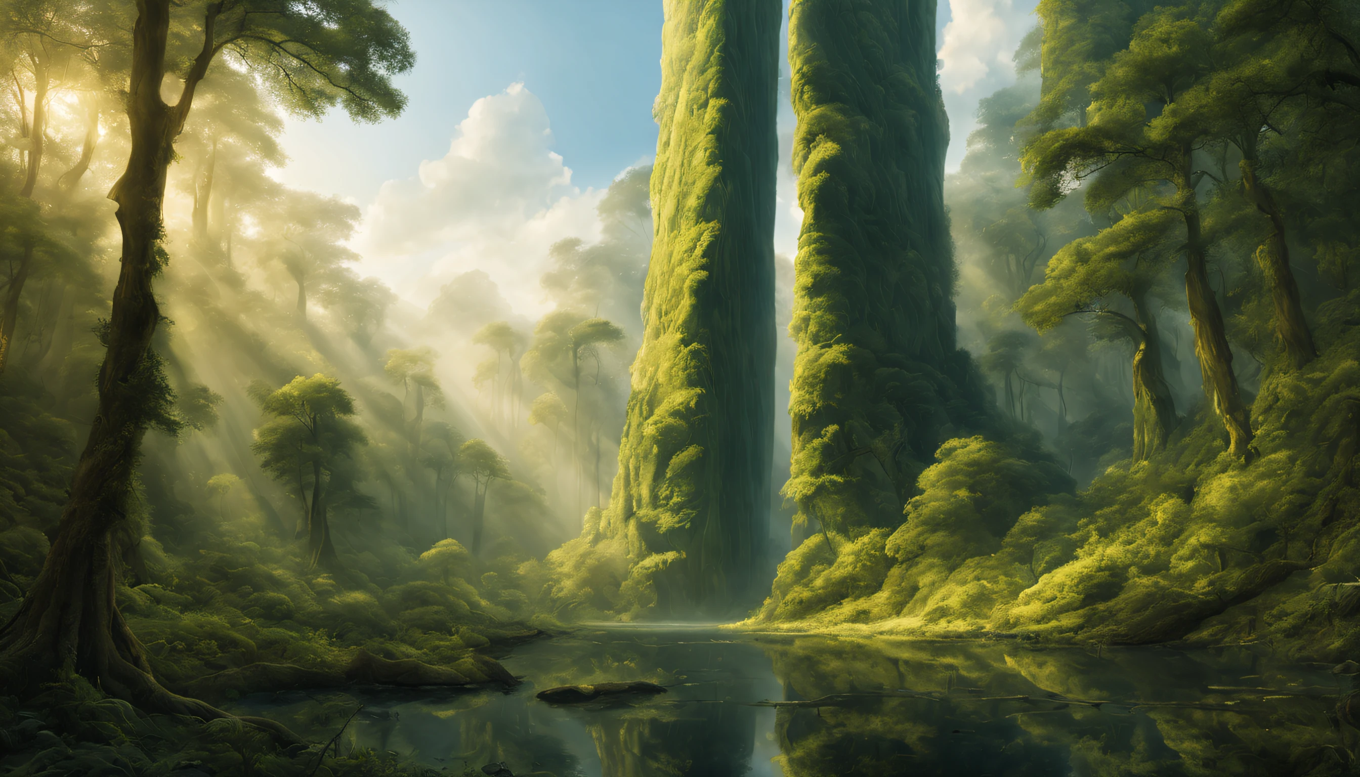 The Monolith of Thought stands tall and majestic, with intricate and swirling patterns etched into its surface. Its edges are sharp and precise, captivating the viewer's attention with its sheer presence. The monolith is bathed in soft, ethereal light, creating an otherworldly glow that seems to emanate from within. Surrounding the monolith is a serene and tranquil scene, with a lush and vibrant forest stretching out as far as the eye can see. The air is filled with a sense of calm and wisdom, inviting contemplation and introspection. The mood is introspective, with a hint of curiosity and wonder