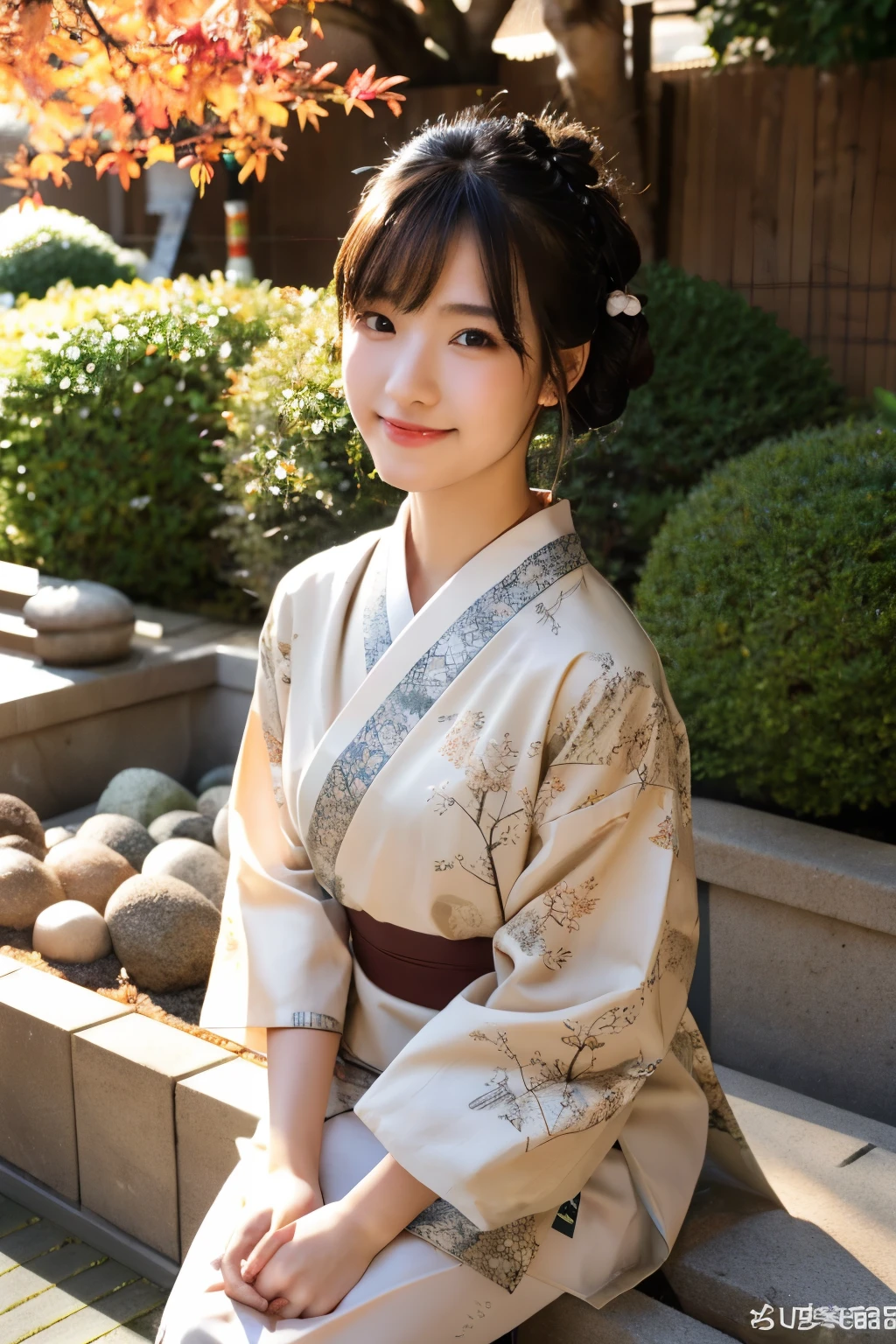 (Realistic:1.3), Rembrandt Lamp, (masterpiece:1.2), (photoRealistic:1.2), (bestquality), (Detailed skin:1.3), (intricate detailed), ray tracing,1girls, Japan girls, 21 years old, Detailed skin texture, (Blush:0.5), subsurface scattering, Smiles, updo hair, bangs, hair between the eyes, Hair ornaments, kimono, floral print, enter edgJF_kimono, Caesar (Sunny days, autumn setting, Autumn trees and leaves, (zen garden:1.2)