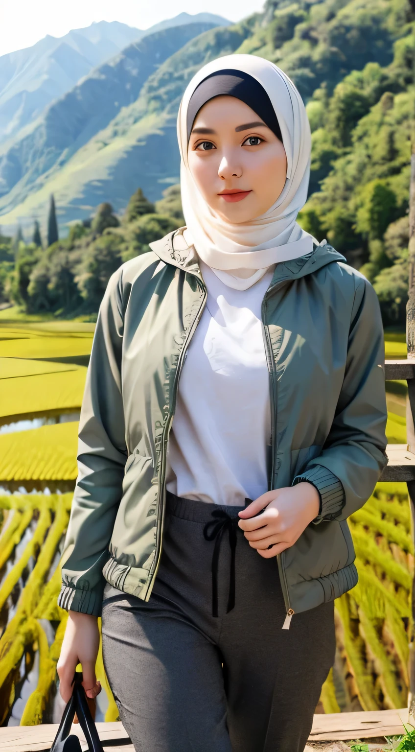 1 Girl, Beautiful, Russian , 28 Years Old, White Skin, Hijab, green jacket, grey long pants, Big Chest, looking directly at the camera, rice fields Background, beautiful pose, full body: 1.3, 8k uhd, dslr, (realistic face), realistic eyes, beautiful detailed eyes, (realistic skin), beautiful skin, ultra high resolution, ultra realistic, highly detailed,