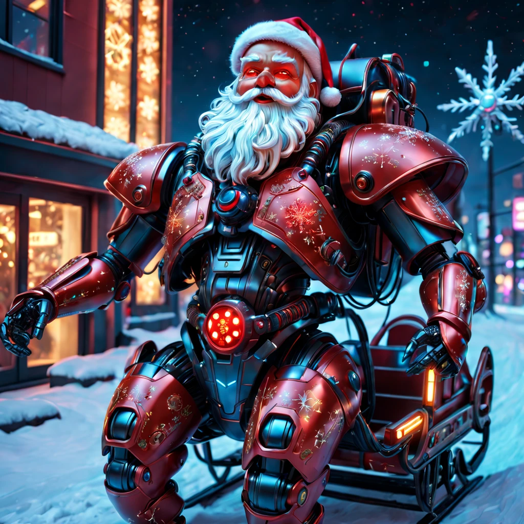 cybernetic Santa Claus, robotic arms with intricate details, futuristic exoskeleton suit, glowing red eyes, metallic beard and hair, advanced gift delivery , hovering sleigh with anti-gravity technology, neon lights illuminating the night sky, pixelated snowflakes falling, ultra-detailed, highres, HDR, physically-based rendering, sci-fi, vibrant colors, futuristic lighting