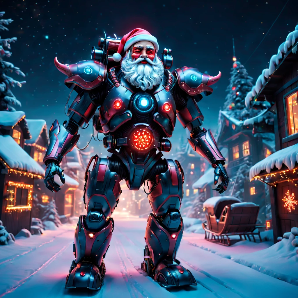 cybernetic Santa Claus, robotic arms with intricate details, futuristic exoskeleton suit, glowing red eyes, metallic beard and hair, advanced gift delivery , hovering sleigh with anti-gravity technology, neon lights illuminating the night sky, pixelated snowflakes falling, ultra-detailed, highres, HDR, physically-based rendering, sci-fi, vibrant colors, futuristic lighting