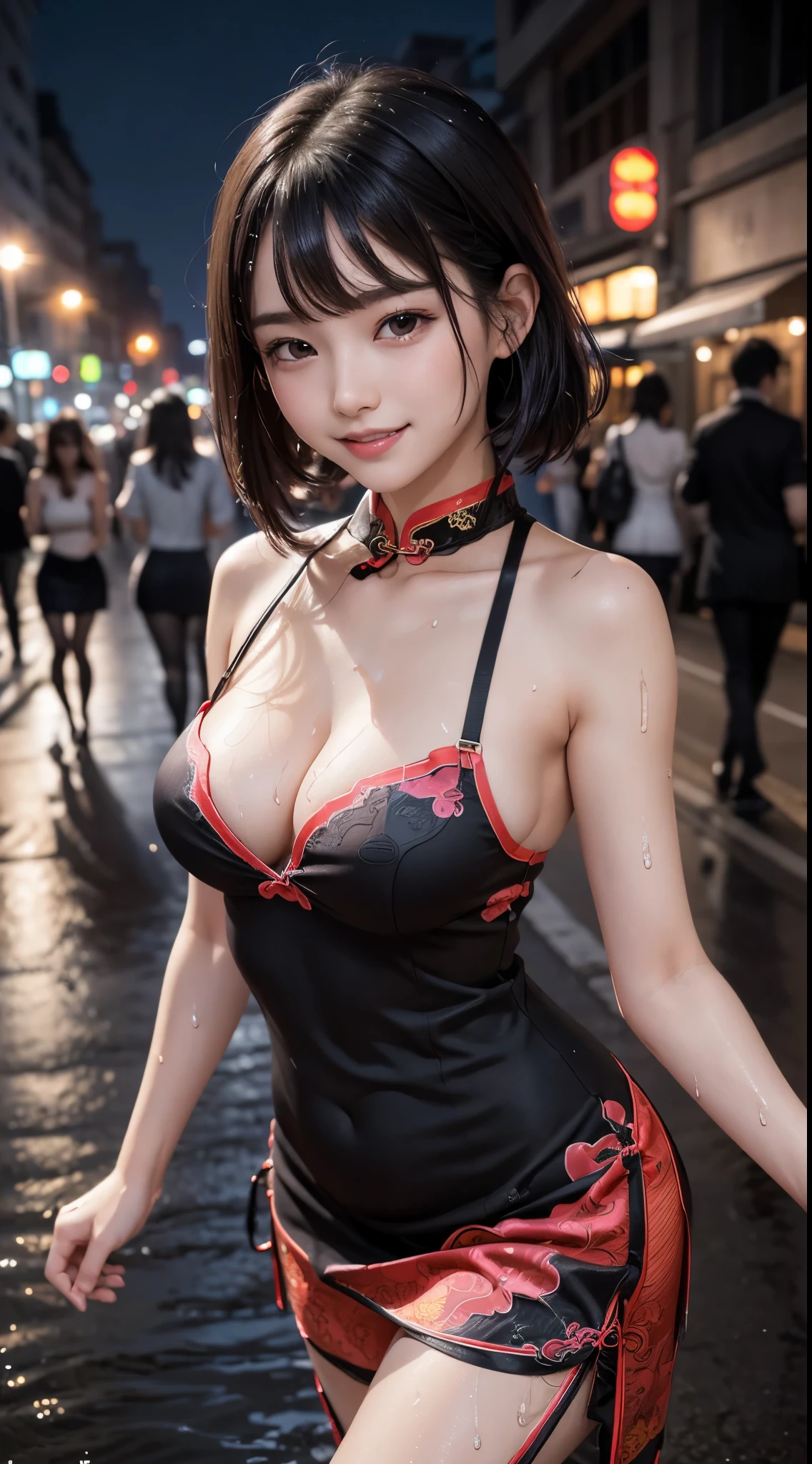 ((top-quality、masutepiece、hight resolution))、(Zoom photo from the front:1.85、Pose inviting a man、On the street at night、Groomed bangs、Medium hair、A dark-haired、Small cleavage、Semen:1.3、a wet body:1.25、Cute smile:1.45)、a beauty girl、kawaii faces、fishnet tights、(((qipao dress)))
