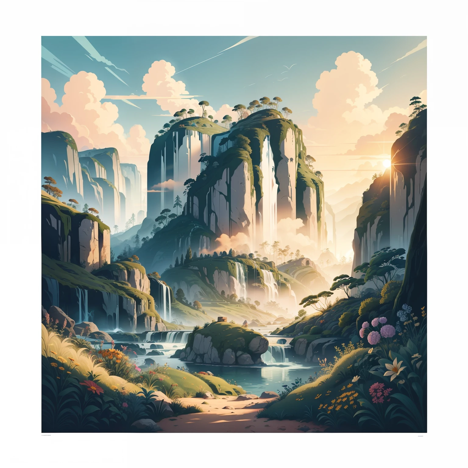 Earth Day Poster, Flat illustration landscape huge nature field background with different flowers, Bright colors, Chiaroscuro, Super High Detail, 4K, flat illustration vector art sharp focus (gigapixel)  ((masutepiece)) many wild things々focal angle of a flower