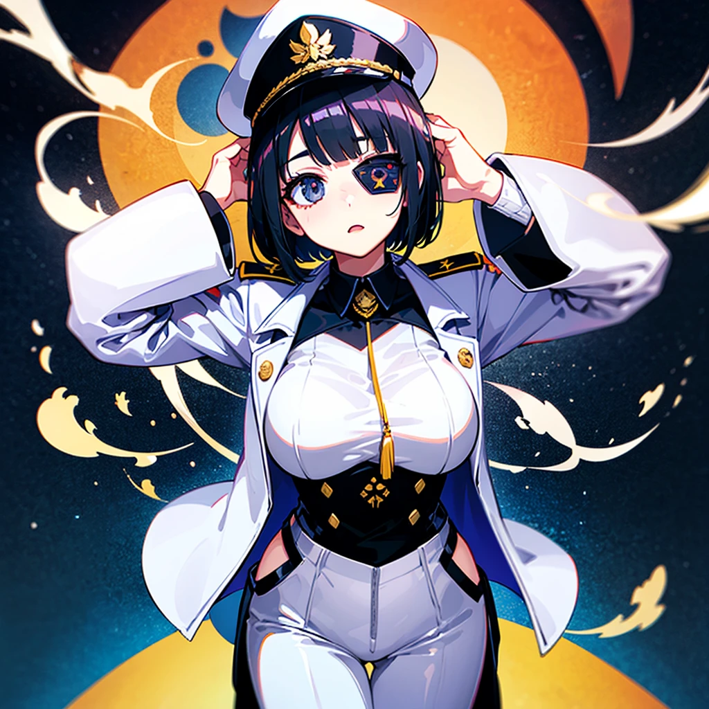 （（（​masterpiece）））、（（（Top image quality）））、（（（top-quality）））、（Illustration of one woman）、30-years old、（Viceroy）、Black hair bob cut、（（Face covering gas mask））、Gray eyes、（（Tall））、（（huge tit））、（（Military uniforms））、（（Military Cap））、（（Military coat））、（white  clothes）、（White pants）、（White cap）、trench coat、（（kosmos船の中））、（Outside the window、kosmos、kosmosから見た地球、kosmos港）