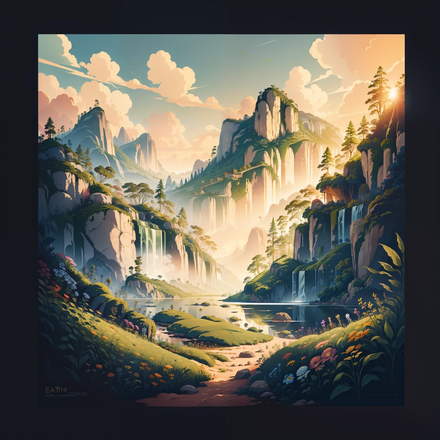 Earth Day Poster, Flat illustration landscape huge nature field background with different flowers, Bright colors, Chiaroscuro, Super High Detail, 4K, flat illustration vector art sharp focus (gigapixel) ((masutepiece)) many wild things々focal angle of a flower