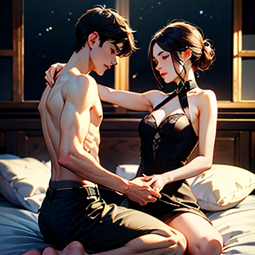 (A high resolution,tmasterpiece:1.2),full bodyesbian,((slender boy:0.65 )) in bed with demon mistress:1.8,femdom:1.6,((Dominate mistress,mistress on top,Mistress teases boy, mistress below boy helpless, mistress chocking boy neck , mistress leaning towards boy, boy grab mistress breasts:1.4):1.2) 。 (电影灯光)