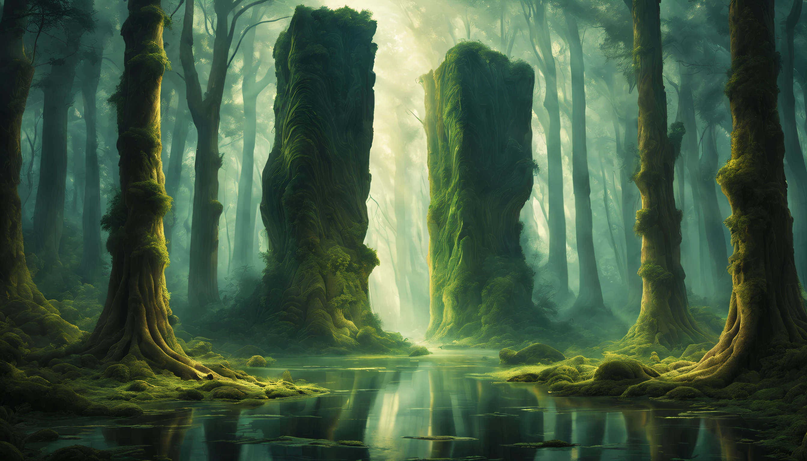The Monolith of Thought stands tall and majestic, with intricate and swirling patterns etched into its surface. Its edges are sharp and precise, captivating the viewer's attention with its sheer presence. The monolith is bathed in soft, ethereal light, creating an otherworldly glow that seems to emanate from within. Surrounding the monolith is a serene and tranquil scene, with a lush and vibrant forest stretching out as far as the eye can see. The air is filled with a sense of calm and wisdom, inviting contemplation and introspection. The mood is introspective, with a hint of curiosity and wonder