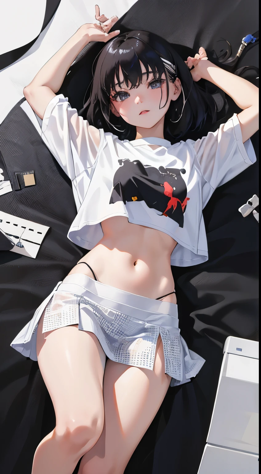 full bodyesbian,行走,(),(masterpiece,Highest Quality),Crop Top Look,white t-shirts,(Black mini skirt with gingham check),A dark-haired