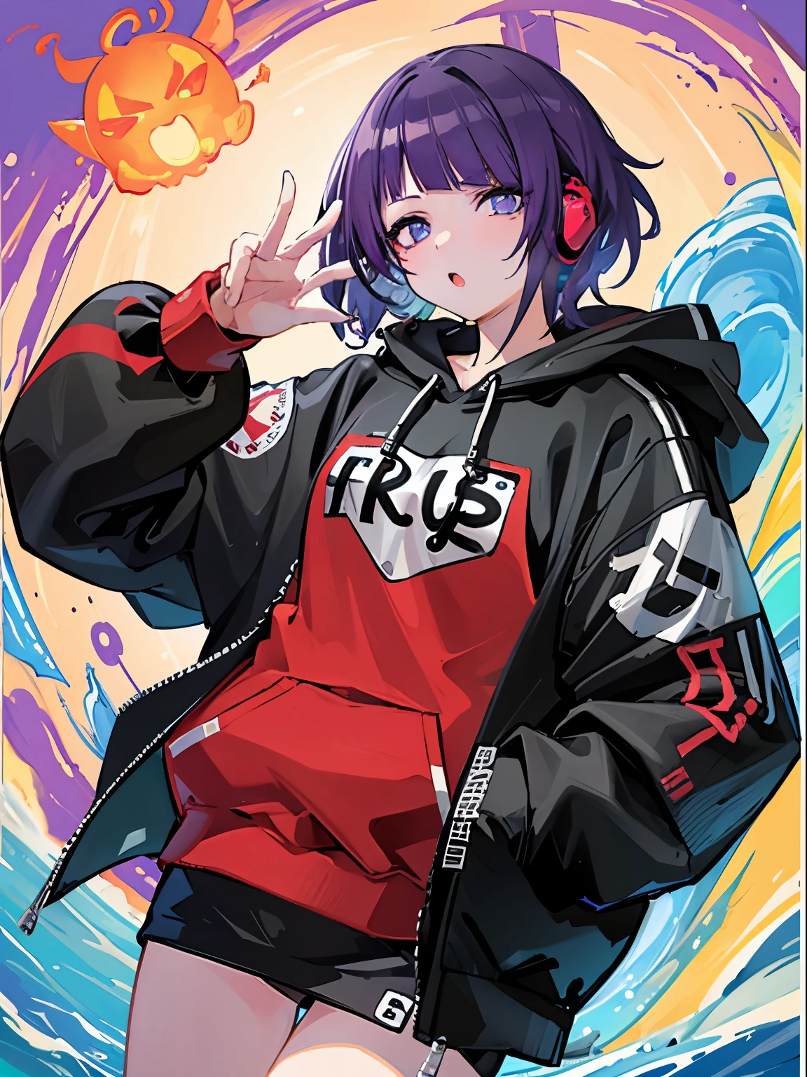 8K分辨率、((top-quality))、((masterpiece))、((ultra-detailliert))、1 woman、独奏、incredibly absurdness、Oversized hoodies、headphones、Street、plein air、Sateen、neons、Shortcut Hair、Brightly colored eyes、Hands in pockets、a miniskirt、water dripping