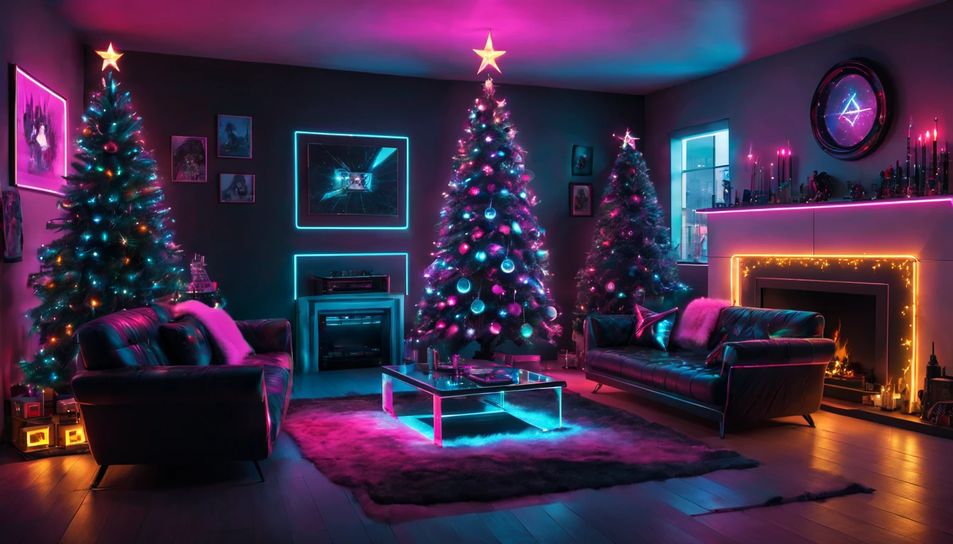 cyberpunk,Christmas-themed,living room,neon lights,punk elements,futuristic furniture,festive decorations,punk Christmas tree,ornaments,glowing,cybernetic implants,sleek,metallic surfaces,glass panels,reflective surfaces,punk-style fireplace,shimmering,punk fashion,high-tech gadgets,sparkling lights,tech-inspired Christmas stockings,vivid colors,enhanced reality projection,musical hologramest quality,4k,8k,highres,masterpiece:1.2),ultra-detailed,(realistic,photorealistic,photo-realistic:1.37)
