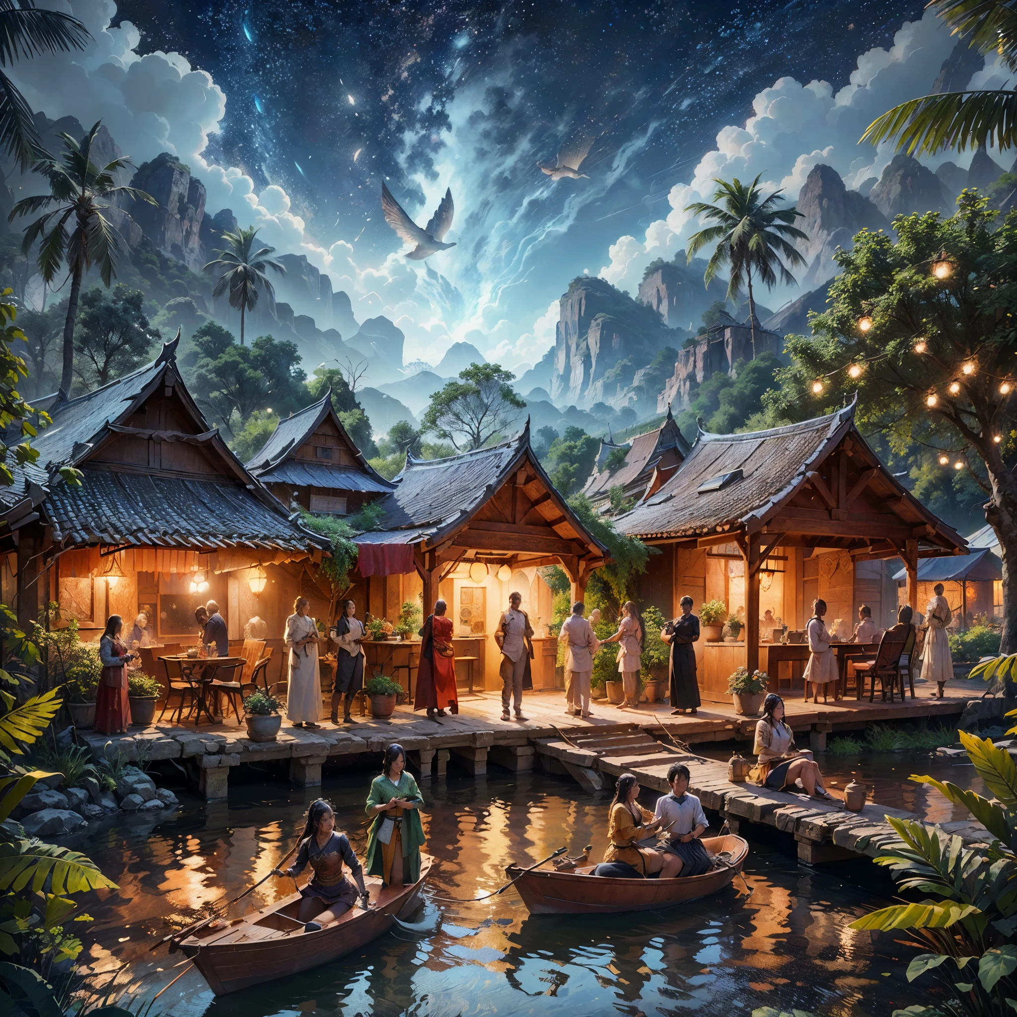 arafed scene of a river with a boat and people on it, thailand art, beautiful digital artwork, 4k highly detailed digital art, by Johfra Bosschart, traditional art, detailed fantasy digital art, 8k stunning artwork, fantasy scene, digital fantasy art ), oriental scene, wide angle fantasy art, symmetrical epic fantasy art, realistic fantasy render, beautiful depiction, masterpiece, best quality:1.2),,(8k,highres,RAW photo,realistic,photo-realistic:1.3),(detailed skin texture,detailed cloth texture,beautiful detailed face:1.25),professional lighting,photon mapping,beautiful soft light,radiosity,physically-based rendering,raytracing, model shoot style, model shoot style, (extremely detailed CG unity 8k wallpaper), full shot body photo of the most beautiful artwork in the world,