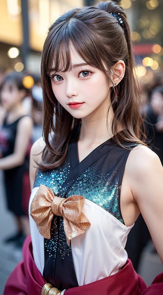 (masutepiece), (Best Quality), (super detailed), (Dirty hair), (Illustration), (1 girl) (Long pink hair 1.5) (Blue eyes) (Double ponytail 2.0), ((((No Shoulders))),Hanfu, (gaze at the audience, (interview), (Simple background), beautiful and delicate eyes, Delicate beautiful face, Soaring (High color saturation), (Colorful Glitter), Multicolor bubble, (Glitter), Facial accents, PerfectNwsjMajic, Conservative Clothes, Shoulderless, Autumn clothes, Facing the masses, Perfect figure,