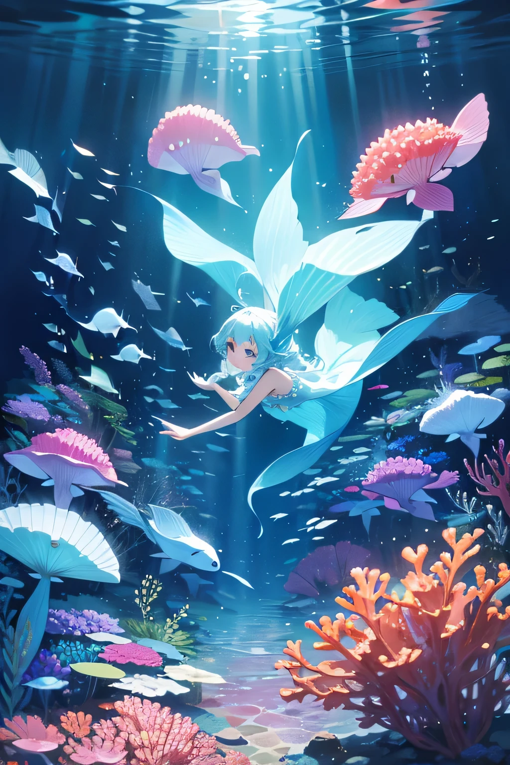 Imagine a dream underwater landscape, a beautiful and magical place where mermaids call home. This marine kingdom is full of unreal beauty.: Bright corals in rainbow hues sway gently with the current., creating a backdrop of vibrant colors. at the bottom of the ocean, exquisite shells and pearls adorn the ocean floor, while mystical creatures dance around them. Rayos de luz penetran las aguas, formando reflejos chispeantes que iluminan el camino de las elegantes sirenas. In this magical underwater kingdom, La paz y la serenidad reinan en un mundo lleno de maravillas y encanto.."