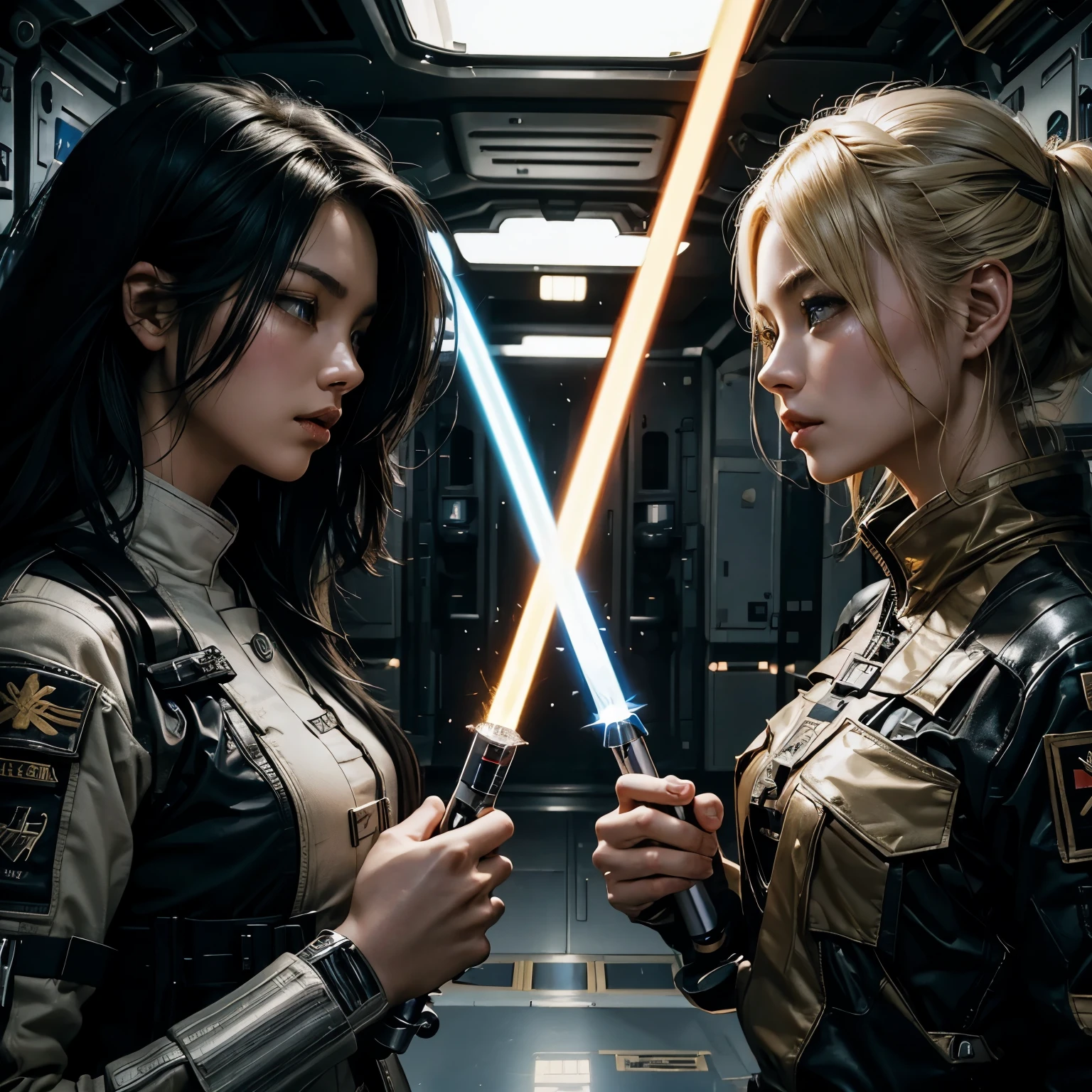 While clashing with the lightsaber、beautiful women glaring at each other。One woman has black hair、The other woman is blonde.。I&#39;m in my twenties。Both are wearing combat uniforms。The location is inside a spaceship。