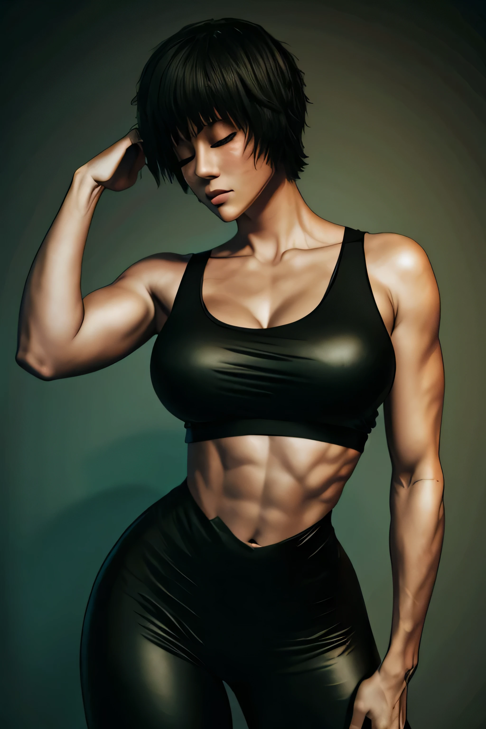 black hair, Short hair, bobcut, Brown eyes, One Eye Closed, One eye Damaged, thick thighs, ((muscular)), pale skin, leggings, tank top, toned body, 1 girl, Dark Background, Full Body, High Detailed