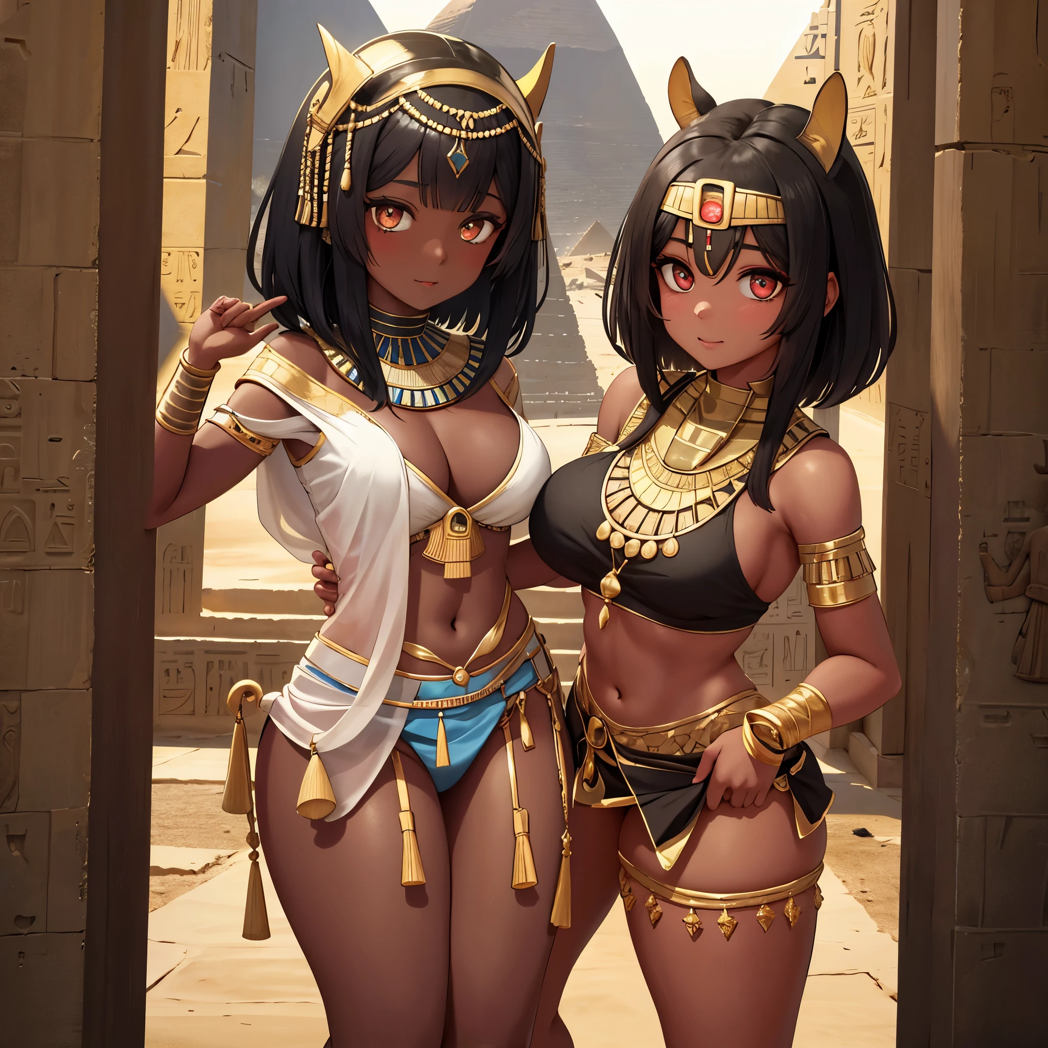 girl from the Egyptian era, straight and short hair, dark skin, eyes with black mascara, wearing ancient Egyptian clothes, medium breasts and thick and defined thighs, backdrop to the Giza pyramid, ultra perfect image, perfect hands and faces, FullHD , rich in perfect details, 8K