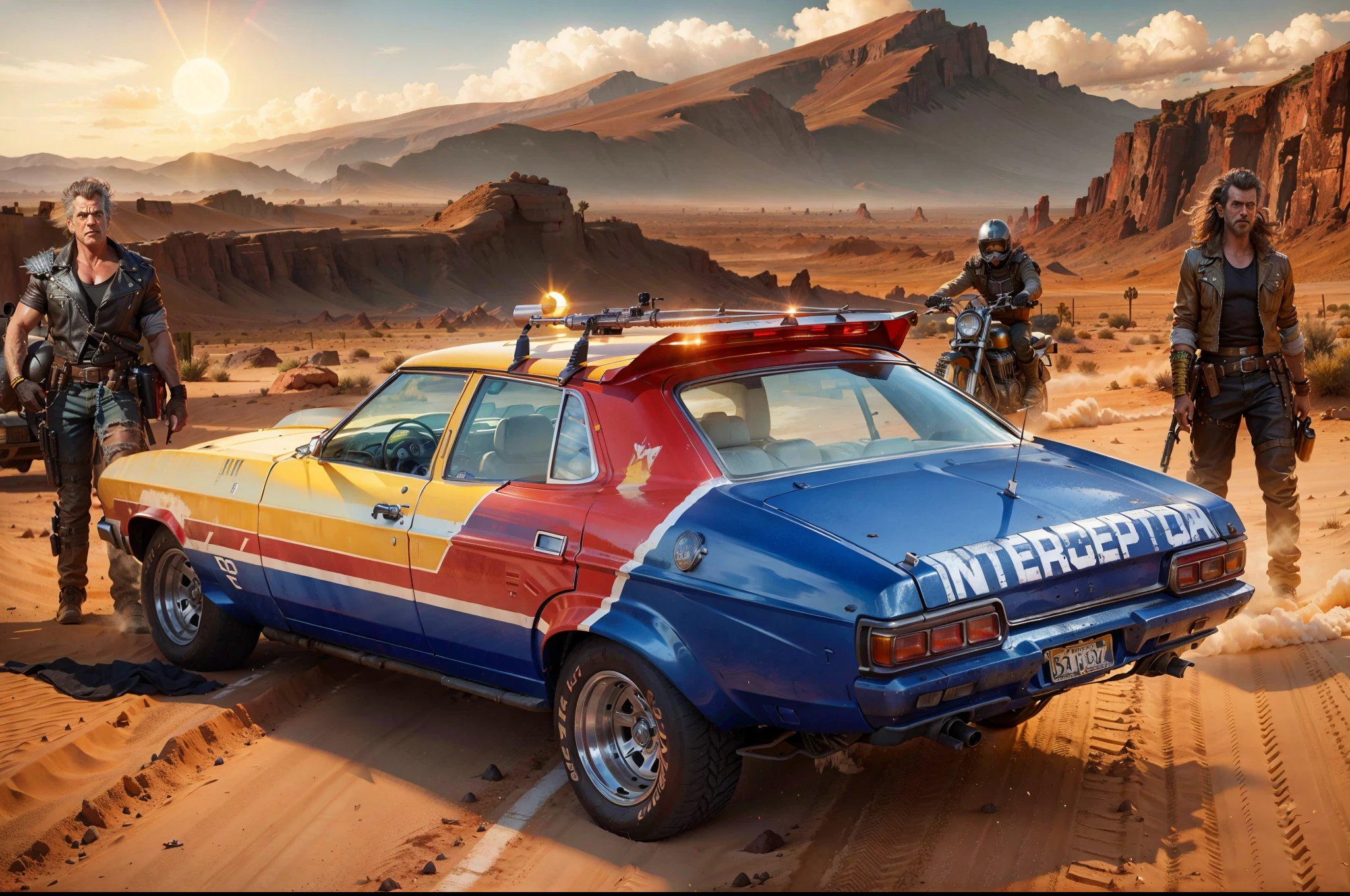 Um poderoso Interceptor carro policial grunge e dirty do filme Mad Max, in the background, Mel Gibson as Mad Max, a biker and a beautiful woman, all wearing clothes from the film Mad Max and a desert with the sun shining in the sky in orange tones and the mountains in the background