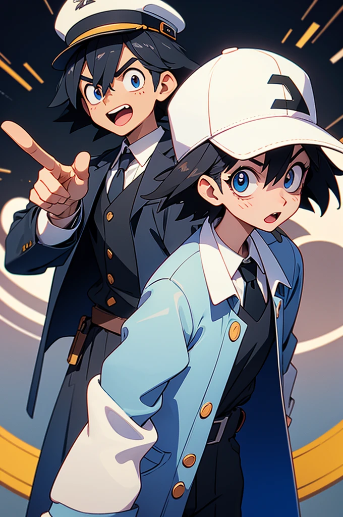 twinsies,Two men,Train conductor,one person is wearing a white coat,one person is wearing a black coat,Track background,Pointing Pose,Two people back to back,Big eyes,Light blue eyes,Big mouth,The mouth of the character to,Conductor's hat,Big hat,white glove,neck tie,Middle age,Nobori,Kudari