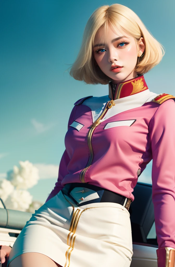 1girl in, sayla mass, Elegant, masutepiece, Convoluted, Realistic, Best Quality, absurderes, high face detail, Perfect eyes, 18 years old, Cowboy Shot, Illustration, Vibrant colors, White uniform, Skirt