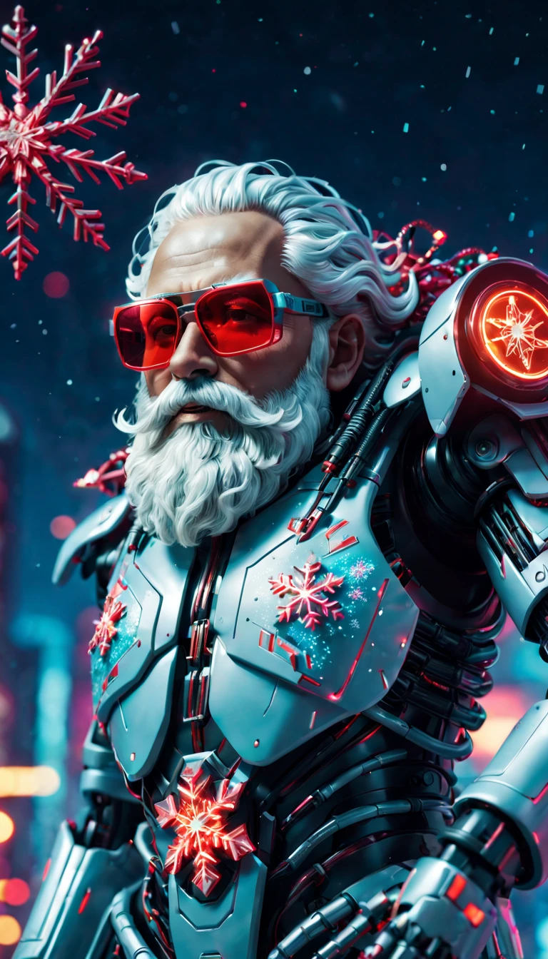 cybernetic Santa Claus, robotic arms with intricate details, futuristic exoskeleton suit, glowing red sunglasses, metallic beard and hair, neon lights illuminating the night sky, pixelated snowflakes falling, ultra-detailed, highres, HDR, physically-based rendering, sci-fi, vibrant colors, futuristic lighting