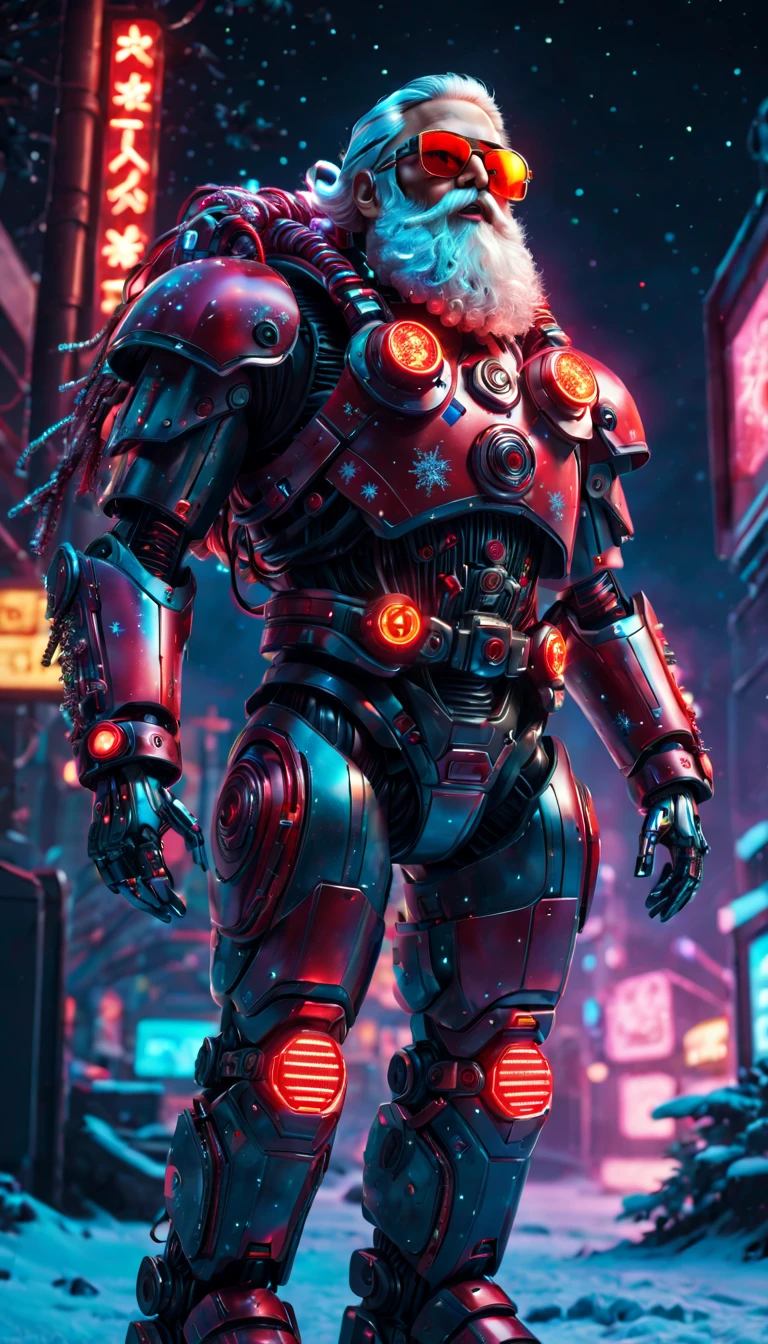 cybernetic Santa Claus, robotic arms with intricate details, futuristic exoskeleton suit, glowing red sunglasses, metallic beard and hair, neon lights illuminating the night sky, pixelated snowflakes falling, ultra-detailed, highres, HDR, physically-based rendering, sci-fi, vibrant colors, futuristic lighting