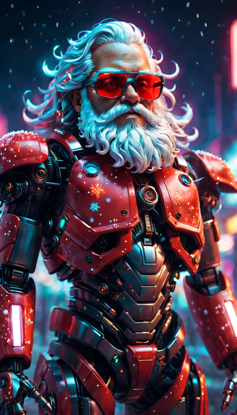 cybernetic Santa Claus, robotic arms with intricate details, futuristic exoskeleton suit, glowing red sunglasses, metallic beard and hair, neon lights illuminating the night sky, pixelated snowflakes falling, ultra-detailed, highres, HDR, physically-based rendering, sci-fi, vibrant colors, futuristic lighting