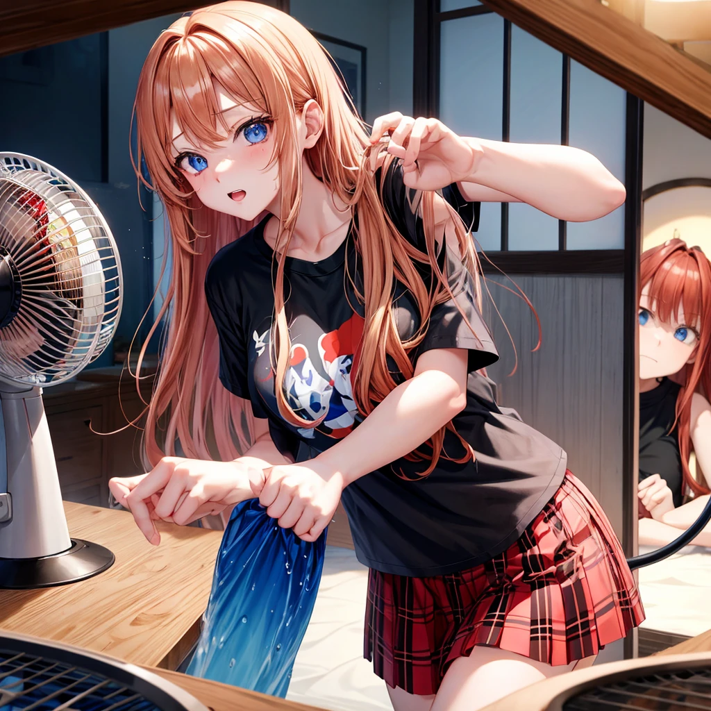 red blonde、blue eyess、one good looking girl、独奏、animesque、Plaid miniskirt、Black T-shirt、camisole、the woods、Sunlight、inside in room、Gah、Frolicking、electric fan、Hugging、ah、being sloppy