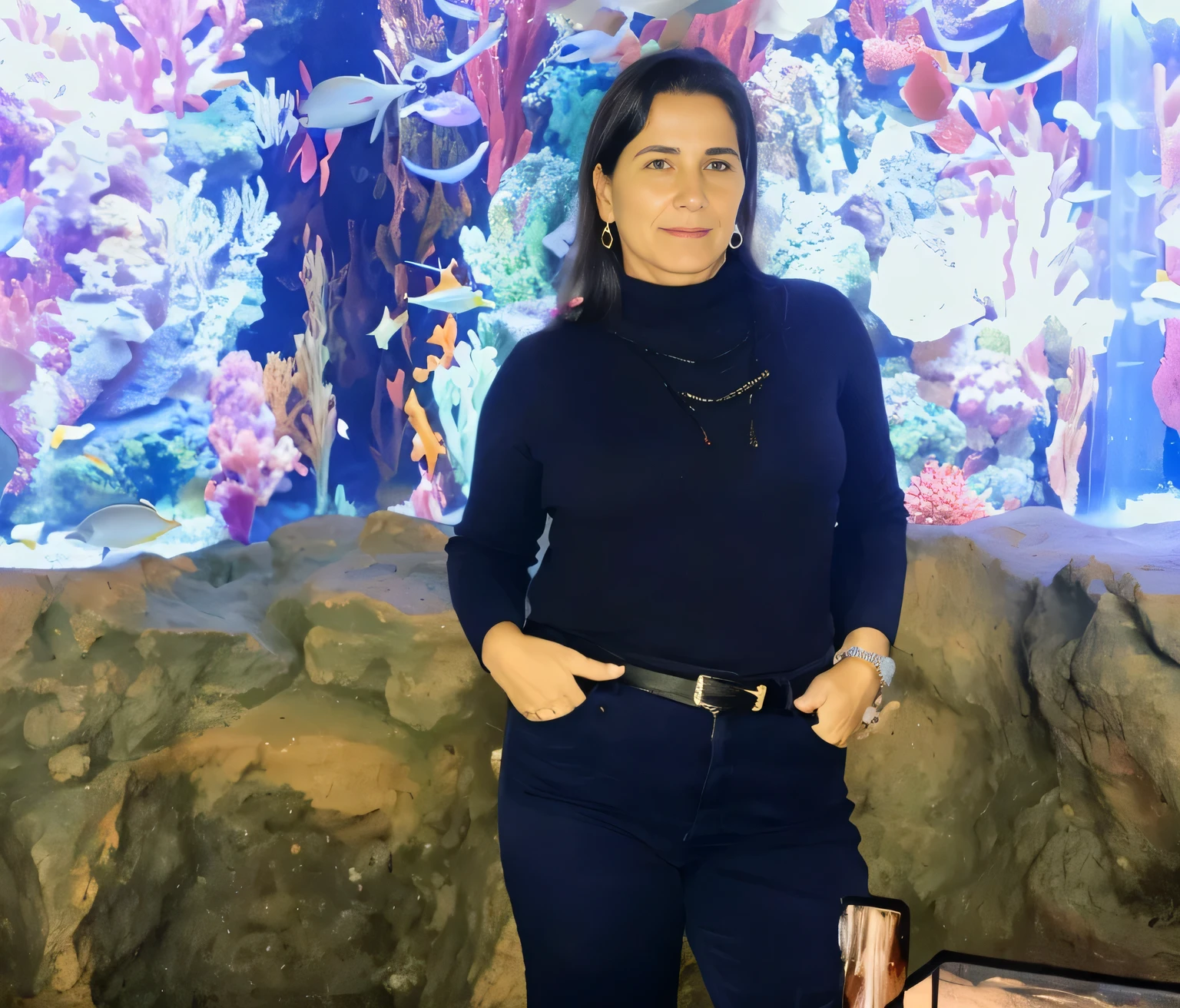 woman in front of an aquarium with a large aquarium in the background, standing in a grotto, Standing under the sea, 🦩🪐🐞👩🏻🦳, Divirta-se, Sandra Chevier, Figura completa, imagem de perfil, em uma bela caverine de cristal, 3 0 anos mulher, Fotografia tirada em 2 0 2 0