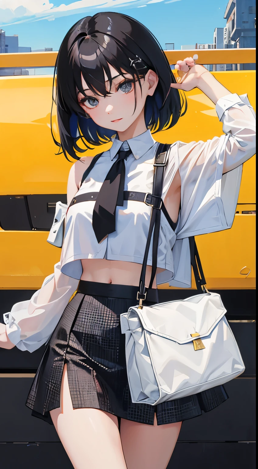 full bodyesbian，行走，(child)，（​masterpiece，Highest Quality），Crop Top Look，The shirt，(Black mini skirt with gingham check)，A dark-haired