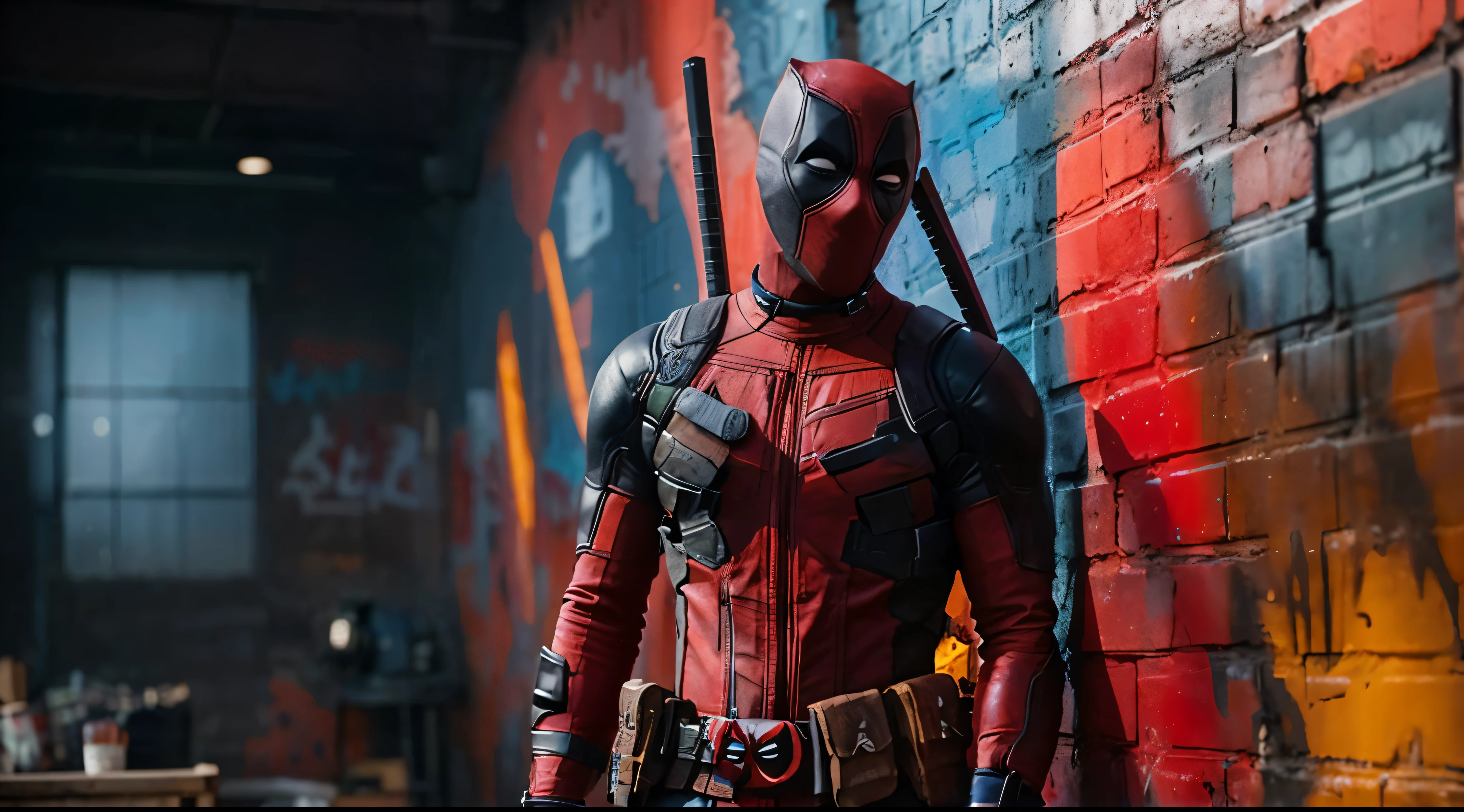 Deadpool stands against a wall with graffiti