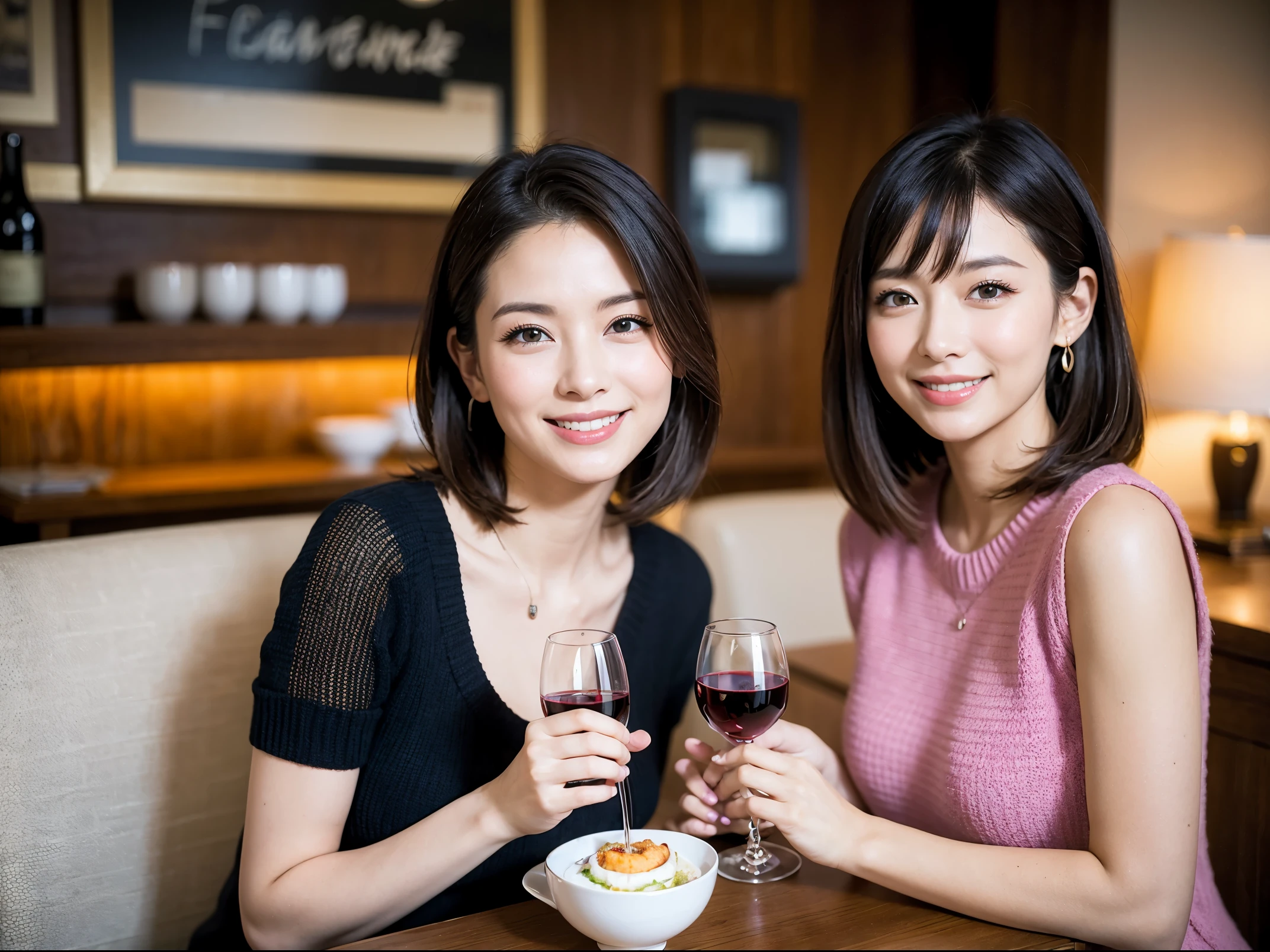 (64k uhd、nffsw、top-quality、masterpiece:1.2)、(realisitic、Photorealsitic:1.37)、ultra-detailliert、wine glasses、enjoying a glass of wine、a matural female、Two beautiful women、(Slimedな顔)、(Slimedなボティ)、(brawn hair)、(short-cut)、Latino、smiling french woman、happy italian girl、British woman、Americana、blush a little on the cheeks、(38 years)、42 year old、red wine、窓の外には美しく緻密なnatta景が広がります........、resturant、wine glassesは目立つ場所に、natta、(from waist up)、sitting on、date、(A smile:1.15)、Beautiful detailed eyes、Cashmere sweater、long-sleeved dresses、japanes、(short-hair:1.2)、Float NovaFrogStyle、、modeled、from waist up、white wine、Slimed、wine glasses、超きれいなnatta景、wine glassesは真ん中に置いて、Happy smile、(8K、Raw photography、top-quality、masterpiece:1.2)、(realisitic、Photorealsitic:1.37)、ultra-detailliert、超A high resolution、2 females、see the beholder、beautifull detailed face、A smile、Constriction、(細いSlimedなウェスト) :1.3)、knit shirt、Beautiful detailed skin、Skin Texture、floated hair、professional light needle breast、eyes gentle