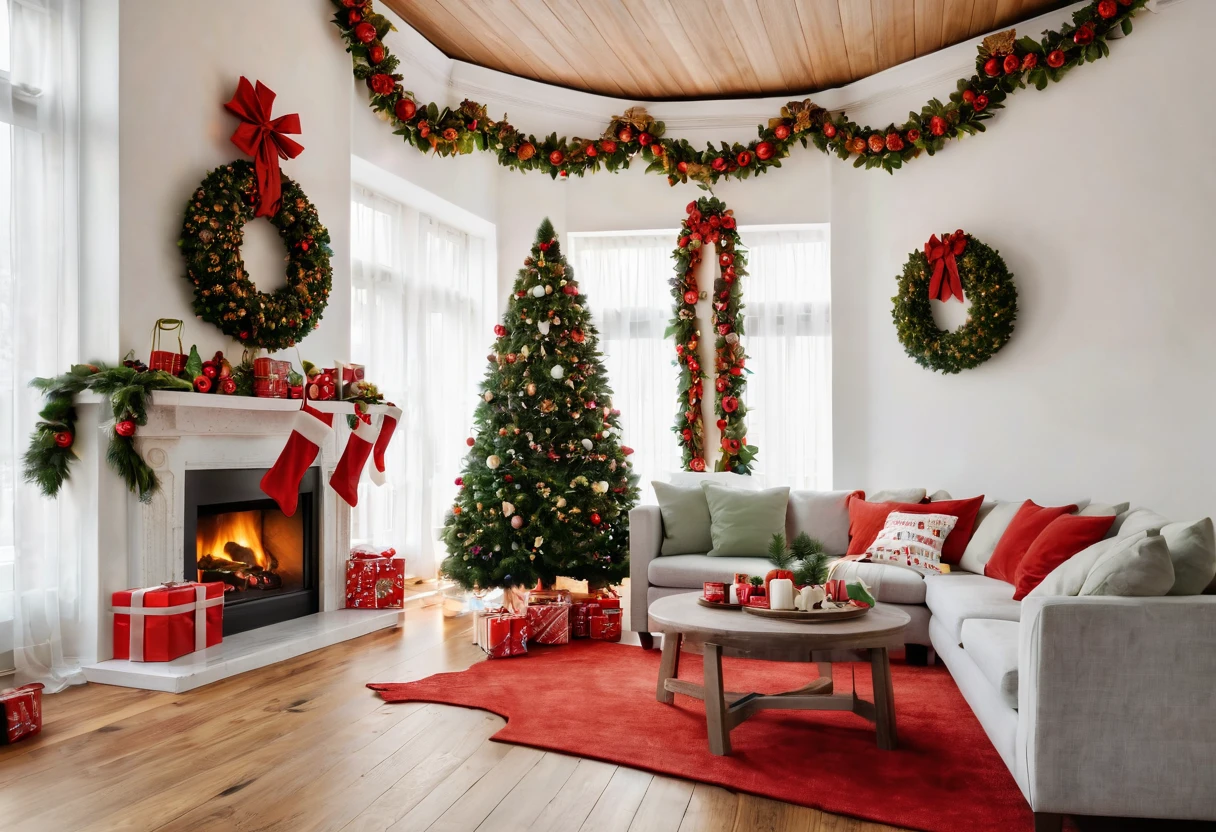 (Christmas interior design:1.8), ultra real photo， tmasterpiece， Best quality， ultra - detailed， 超高分辨率， RAW photos，(Christmas living room)，(Christmas luxury decoration)，A fusion of gorgeous Christmas elements and symmetry，(落地窗充满温暖的圣诞lamplight)，((Beautiful Christmas tableware is placed in the center，Sofa and seats made of red and green Christmas elements))，Mild color，(墙上挂着巨大的Christmas wreath)，(Christmas unique style)，((Wall decoration decorated with Christmas elements，The fireplace is warm、Lanterns hanging on the stairs、Gifts wrapped in colorful  under the Christmas tree、pile of gifts on the floor、wooden floor、Decorated pine tree、镶wooden floor、mantel、red and green、Christmas atmosphere、traditional christmaestive atmosphere、merry christmas、gift tag、Christmas wreath、decorations、metal ribbon、Christmas tree lights、Confectionery，Gingerbread Man，lamplight))，Complements the mirror wall，Broaden the sense of space。(Gorgeous ceiling design with Christmas elements，Christmas lights decoration filled with warm and soft light), European Christmas style living room，ultra real photo，Extremely detailed CG Unity 8K wallpapers of the highest quality