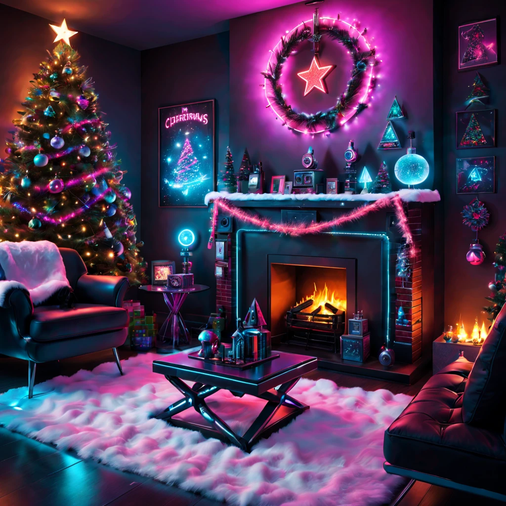 cyberpunk,Christmas-themed,living room,neon lights,punk elements,futuristic furniture,festive decorations,punk Christmas tree,ornaments,glowing,cybernetic implants,sleek,metallic surfaces,glass panels,reflective surfaces,punk-style fireplace,artificial snow,shimmering,punk fashion,cybernetic Santa Claus,high-tech gadgets,sparkling lights,tech-inspired Christmas stockings,vivid colors,enhanced reality projection,musical hologramest quality,4k,8k,highres,masterpiece:1.2),ultra-detailed,(realistic,photorealistic,photo-realistic:1.37).