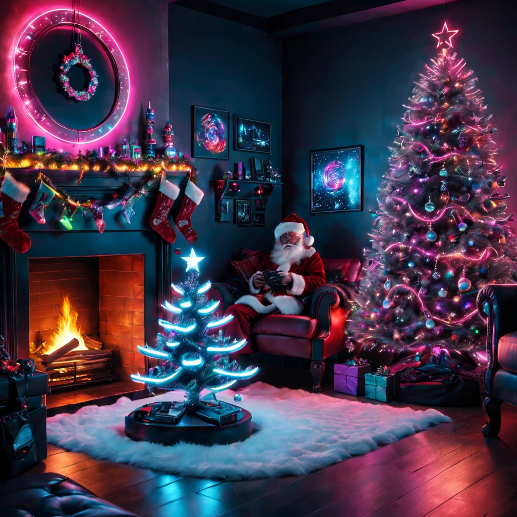 cyberpunk,Christmas-themed,living room,neon lights,punk elements,futuristic furniture,festive decorations,punk Christmas tree,ornaments,glowing,cybernetic implants,sleek,metallic surfaces,glass panels,reflective surfaces,punk-style fireplace,artificial snow,shimmering,punk fashion,cybernetic Santa Claus,high-tech gadgets,sparkling lights,tech-inspired Christmas stockings,vivid colors,enhanced reality projection,musical hologramest quality,4k,8k,highres,masterpiece:1.2),ultra-detailed,(realistic,photorealistic,photo-realistic:1.37).