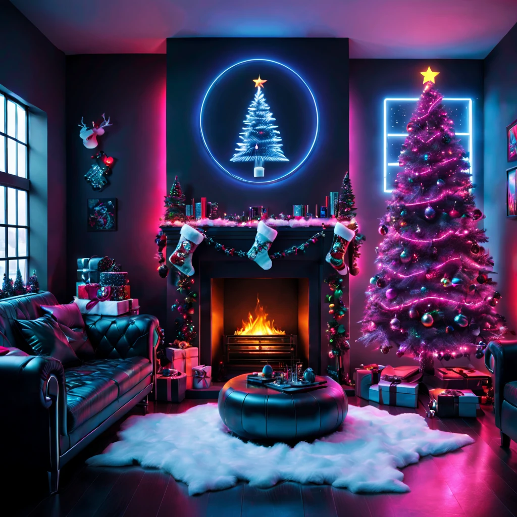 cyberpunk,Christmas-themed,living room,neon lights,punk elements,futuristic furniture,festive decorations,punk Christmas tree,ornaments,glowing,cybernetic implants,sleek,metallic surfaces,glass panels,reflective surfaces,punk-style fireplace,artificial snow,shimmering,punk fashion,cybernetic Santa Claus,high-tech gadgets,sparkling lights,tech-inspired Christmas stockings,vivid colors,enhanced reality projection,musical hologramest quality,4k,8k,highres,masterpiece:1.2),ultra-detailed,(realistic,photorealistic,photo-realistic:1.37).