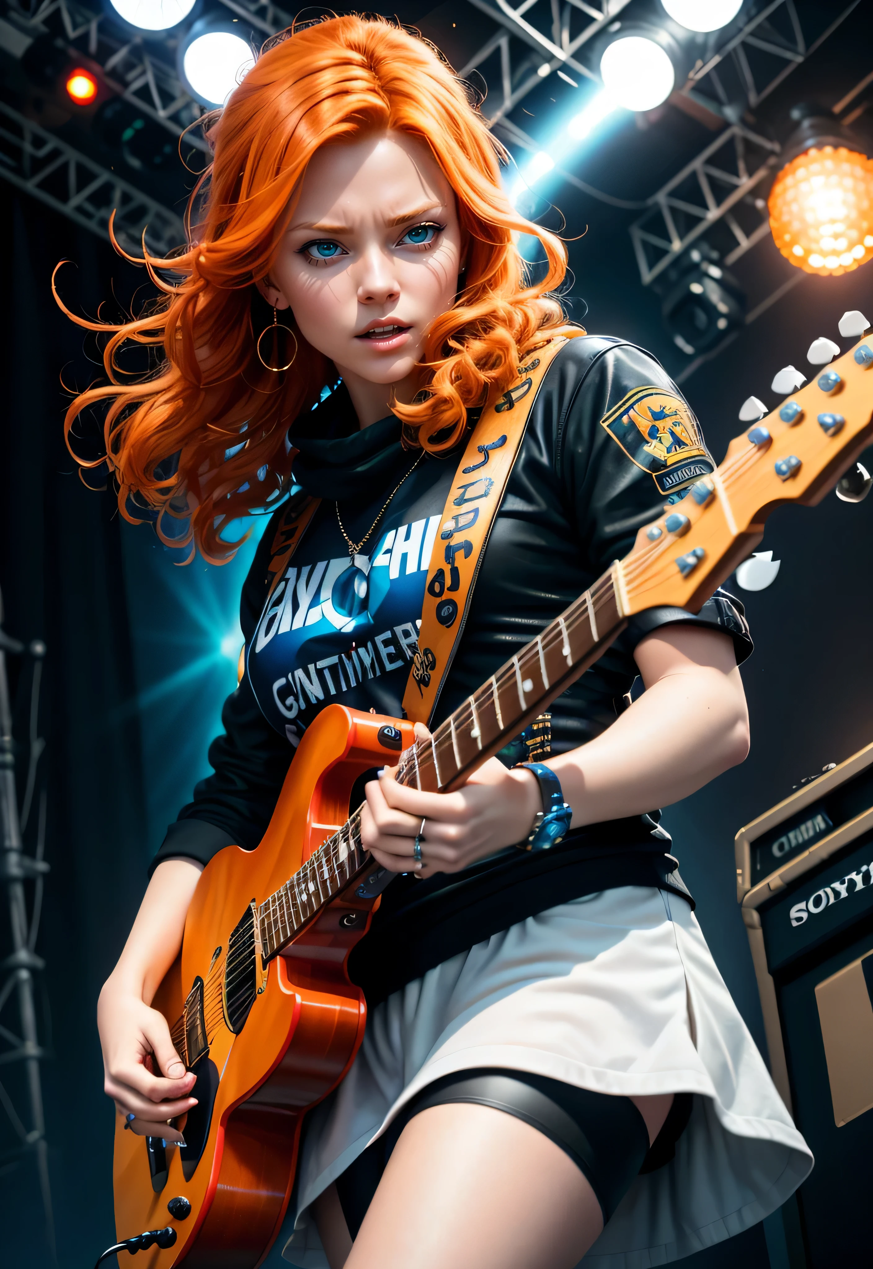 Create a dynamic photo of a Guitarist girl with ginger hair and blue eyes, Performance. Ultra High surrealism 5 fingers at each hand. Emphasize his stage presence, intricate guitar work, and iconic bandana. Experiment with vibrant colors and bold contrasts to capture the energy, close-up, mid-shot, walking up towards in the foreground, City.in the background, ginger girls cinematic, extremely sharp focus face and accurate fingers, cinematic, realistic, focus, studio photo, details, 64k, isometric, ultra-realistic, Cinematic, volumetric lighting, shot on Sony A7S III, f/ 9. 0, 1/ 5.