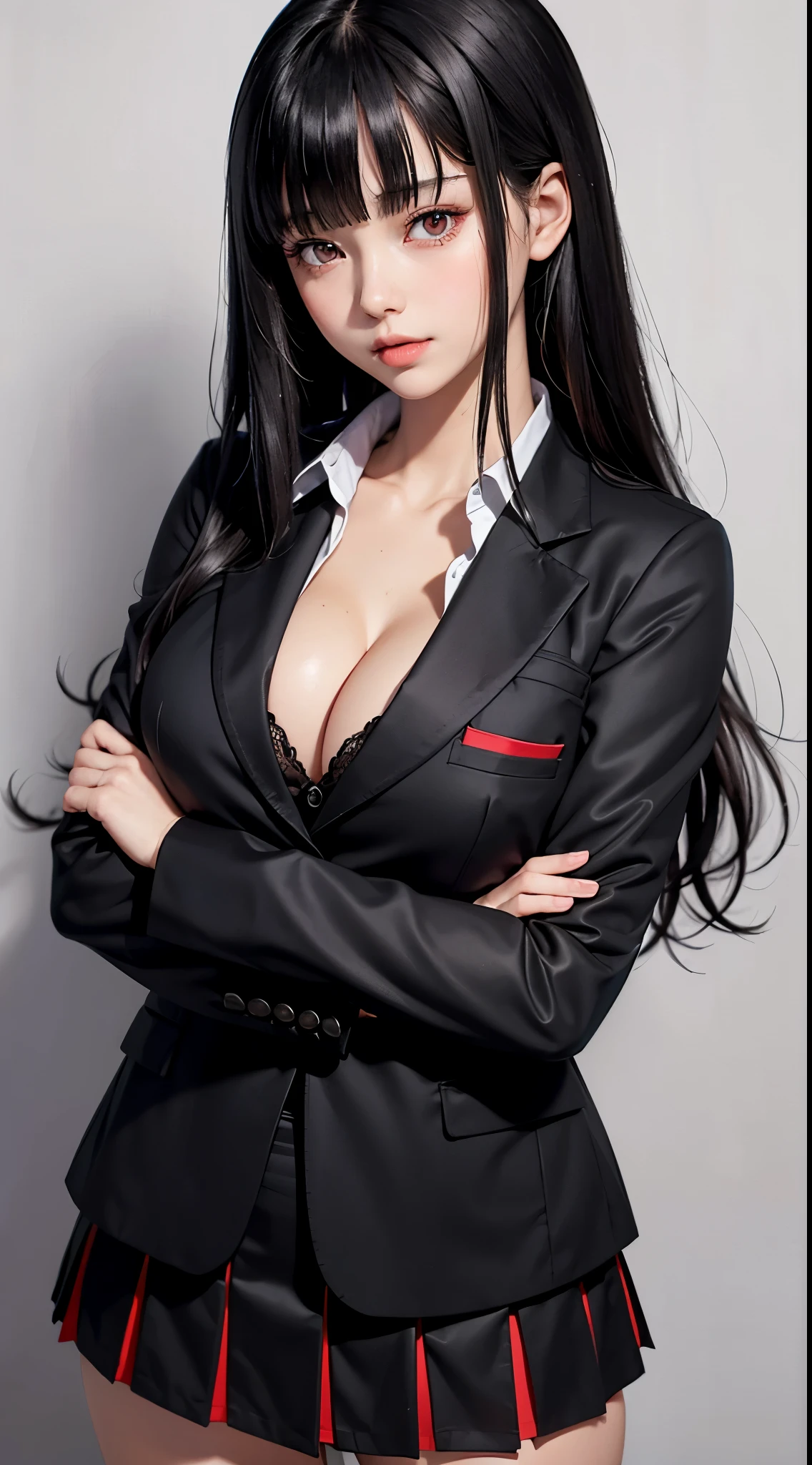 ((Best Quality)), ((masutepiece)), (Detailed), (highlight), Perfect face　Young girl with detailed face showing cleavage、Red eyes and long, thick, glossy, beautiful black hair with blunt bangs、Single-color background、Standing wearing school uniform with blazer and miniskirt、