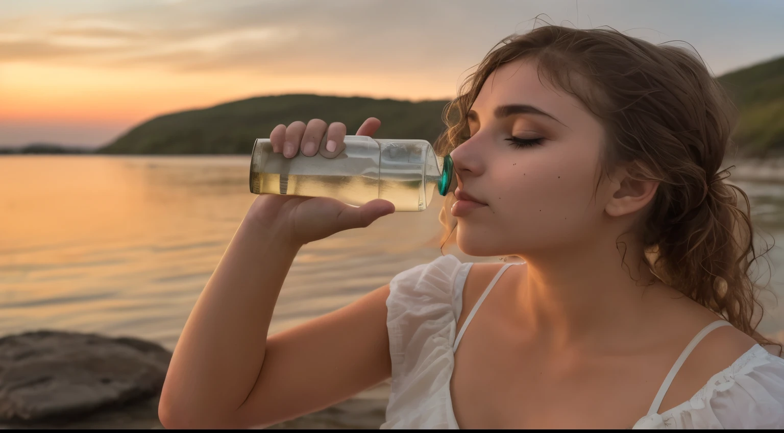 woman Beber água from a bottle while standing on a beach, peacefully Beber river água, água, crystal água, água to waist, água água, água particulate, água in background, hidratação, Beber, tansparent água, muita sede, light água, noite de verão, sparkling água, transhumanist hidratação, realistic água, água to waste, filling with água