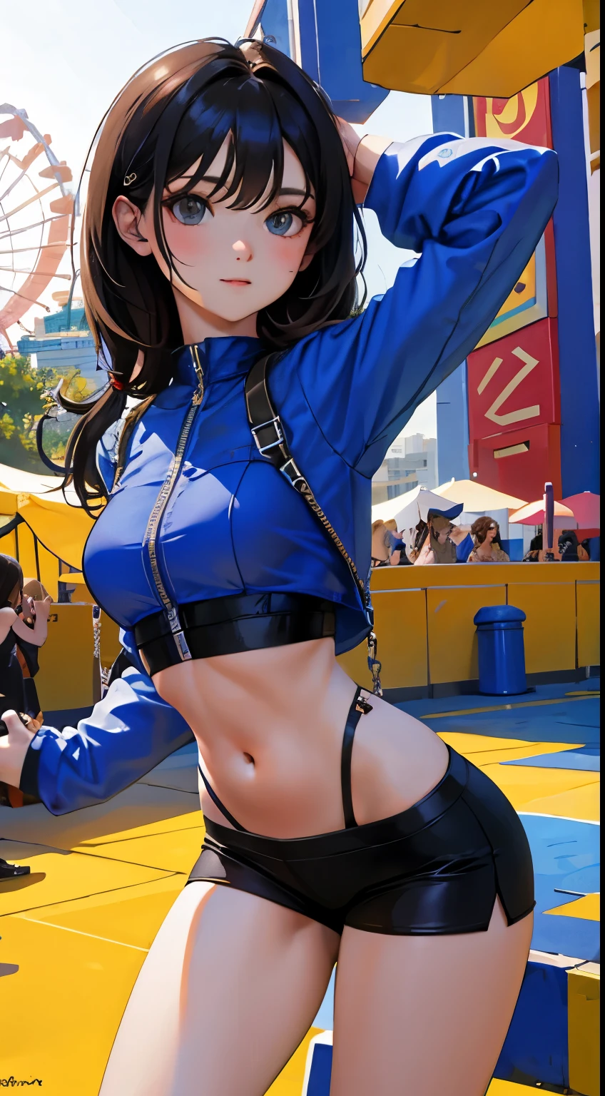 full bodyesbian,(child),(masterpiece,Highest Quality),Crop Top Look,A dark-haired,An amusement park
