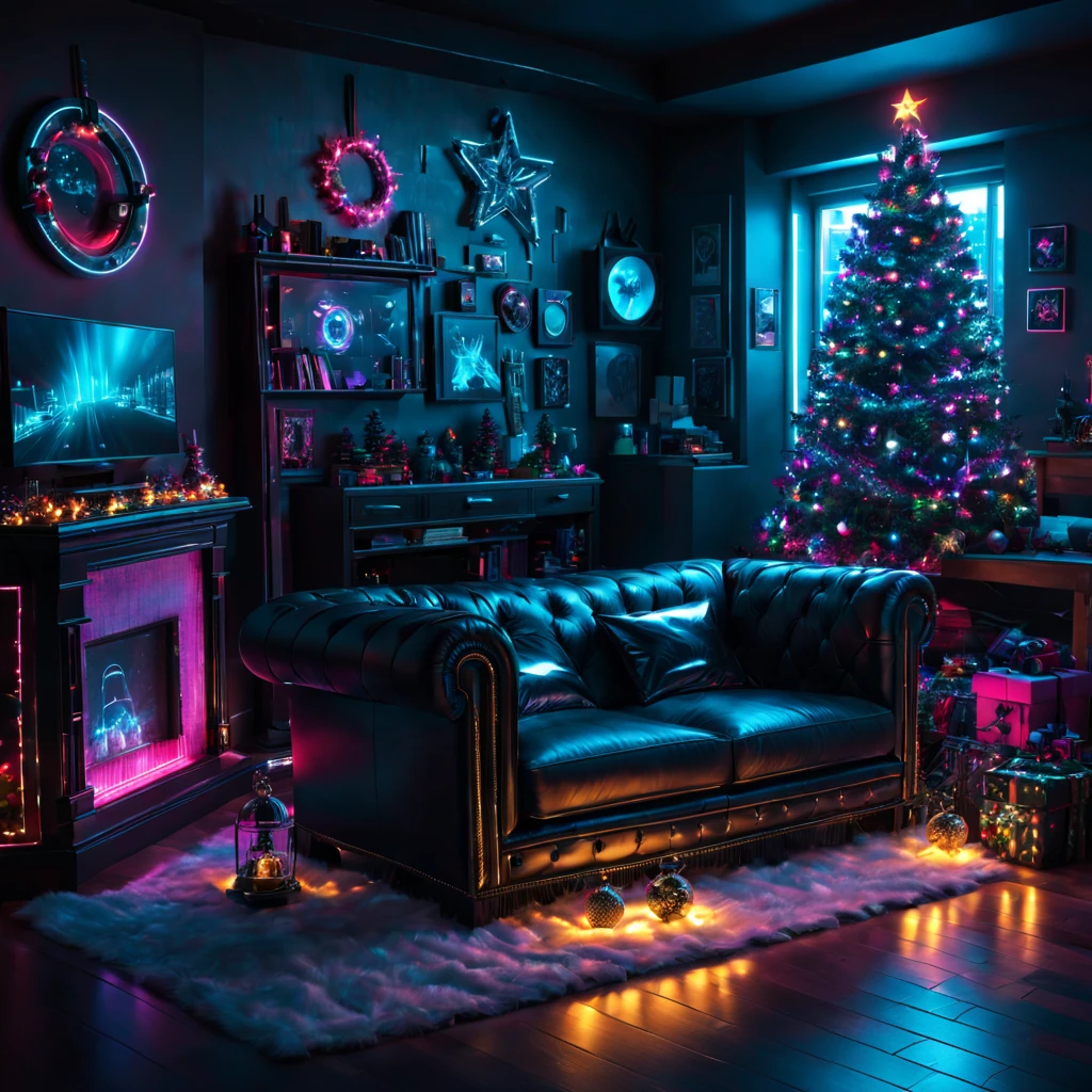(best quality,4k,8k,highres,masterpiece:1.2),ultra-detailed,(realistic,photorealistic,photo-realistic:1.37),cyberpunk,Christmas-themed,living room,neon lights,punk elements,futuristic furniture,festive decorations,punk Christmas tree,ornaments,glowing,cybernetic implants,sleek,metallic surfaces,glass panels,reflective surfaces,punk-style fireplace,shimmering,punk fashion,high-tech gadgets,sparkling lights,tech-inspired Christmas stockings,vivid colors,enhanced reality projection,musical hologramest.