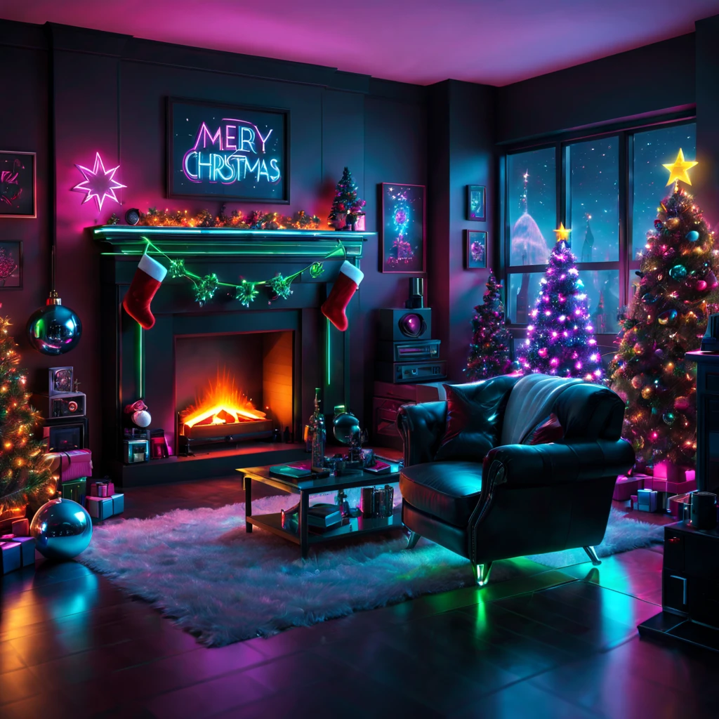 (best quality,4k,8k,highres,masterpiece:1.2),ultra-detailed,(realistic,photorealistic,photo-realistic:1.37),cyberpunk,Christmas-themed,living room,neon lights,punk elements,futuristic furniture,festive decorations,punk Christmas tree,ornaments,glowing,cybernetic implants,sleek,metallic surfaces,glass panels,reflective surfaces,punk-style fireplace,shimmering,punk fashion,high-tech gadgets,sparkling lights,tech-inspired Christmas stockings,vivid colors,enhanced reality projection,musical hologramest.