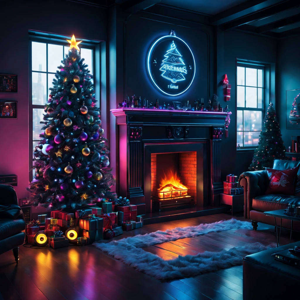 (best quality,4k,8k,highres,masterpiece:1.2),ultra-detailed,(realistic,photorealistic,photo-realistic:1.37),cyberpunk,Christmas-themed,living room,neon lights,punk elements,futuristic furniture,festive decorations,punk Christmas tree,ornaments,glowing,cybernetic implants,sleek,metallic surfaces,glass panels,reflective surfaces,punk-style fireplace,shimmering,punk fashion,high-tech gadgets,sparkling lights,tech-inspired Christmas stockings,vivid colors,enhanced reality projection,musical hologramest.