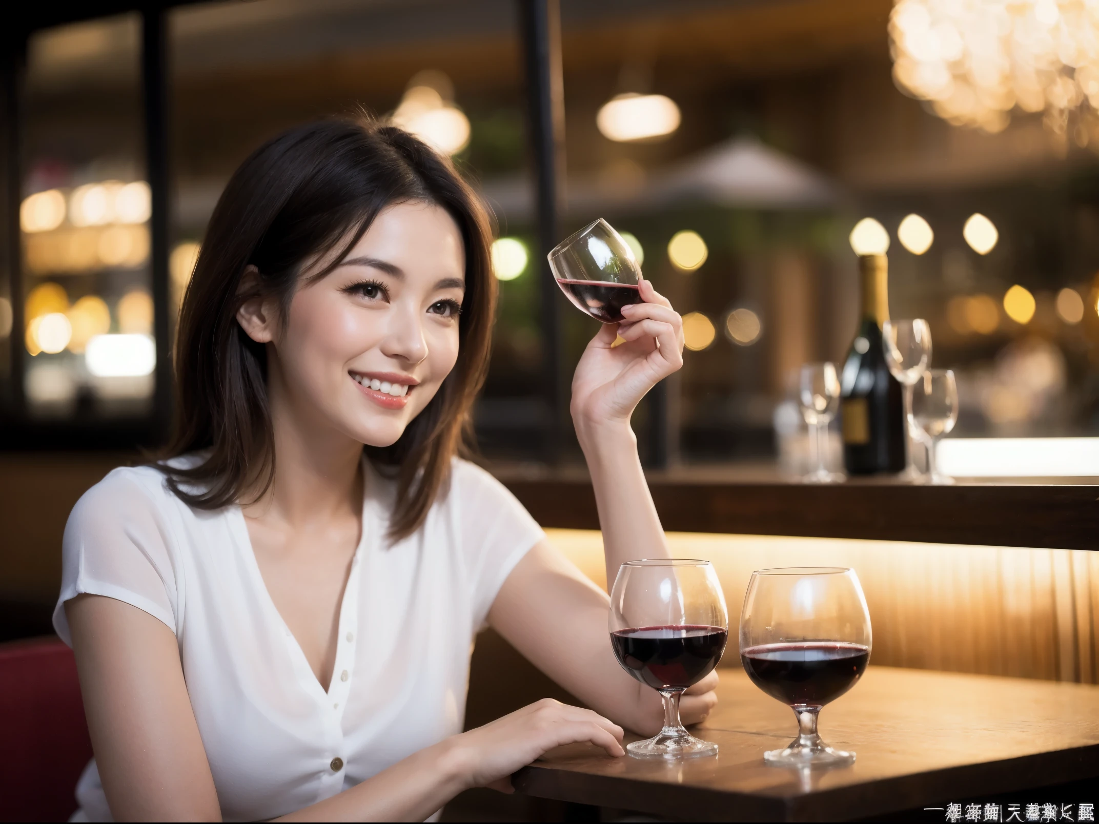 (64k uhd, nffsw, of the highest quality, masutepiece: 1.2), (Realistic, Photorealistic: 1.37), American、Frenchman、Pretty Woman 1, (Slim Face), (slimボティ), (Brown hair), (short-cut), cheeks blush a little, (40 years old), 38 years, Solo, A beautiful and detailed night view spreads out outside the window......, restaurant, wine glassesに座って, At night, In a prominent place (from waist up) NovaFrogStyle, actress, Model, waist-up, white wine, slim, wine glasses, Super clean night view, 真ん中に置かれたwine glasses, Happy smile, (Smile: 1.15), Beautiful fine eyes, Upper body, Bust Japan Up, Night, Short, Short, actress, Model, waist-up, white wine, slim, wine glasses, Super clean night view, 真ん中に置かれたwine glasses, Happy smile,