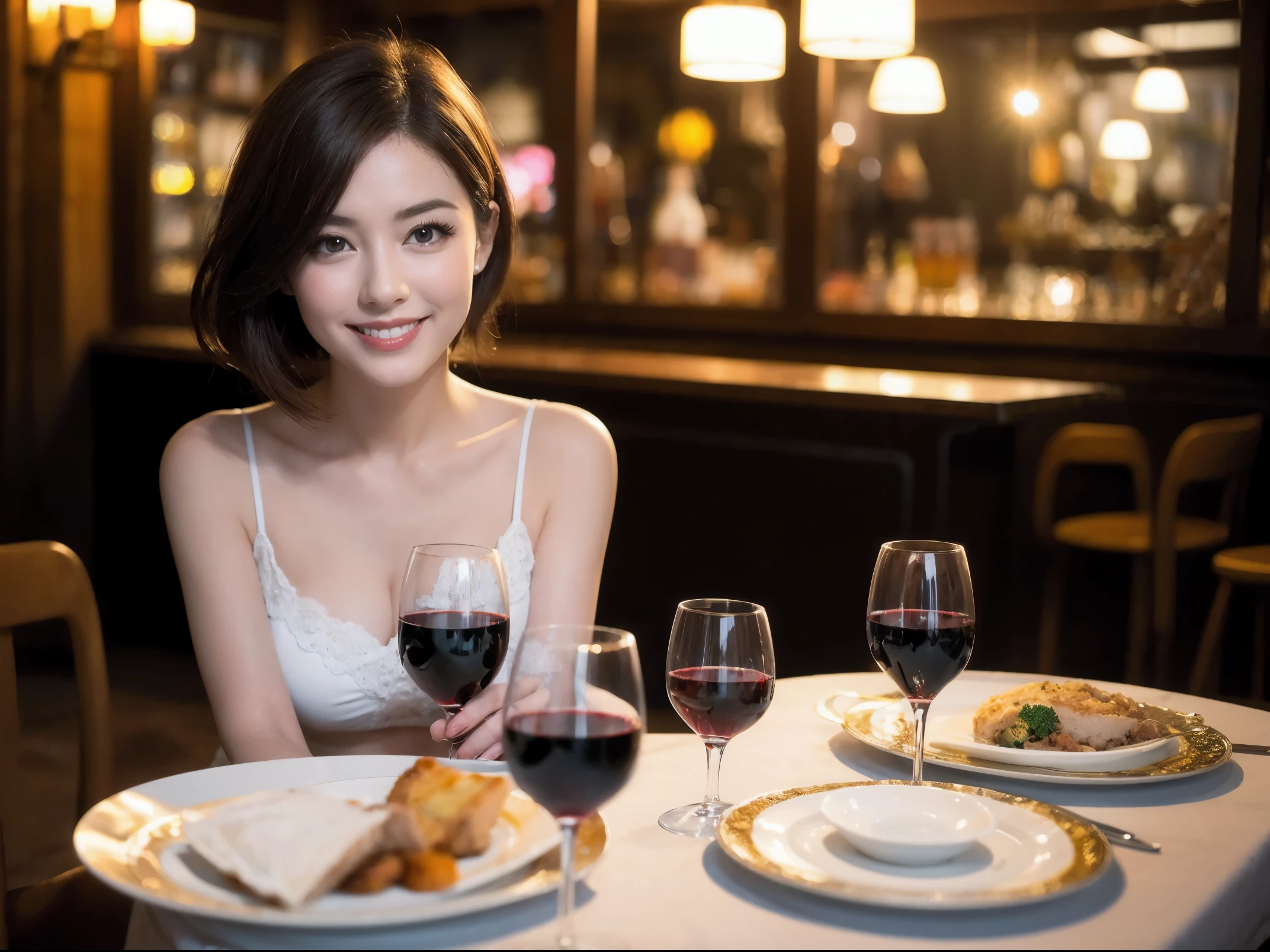 (64k uhd, nffsw, of the highest quality, masutepiece: 1.2), (Realistic, Photorealistic: 1.37), American、Frenchman、Pretty Woman 1, (Slim Face), (slimボティ), (Brown hair), (short-cut), cheeks blush a little, (40 years old), 38 years, Solo, A beautiful and detailed night view spreads out outside the window......, restaurant, wine glassesに座って, At night, In a prominent place (from waist up) NovaFrogStyle, actress, Model, waist-up, white wine, slim, wine glasses, Super clean night view, 真ん中に置かれたwine glasses, Happy smile, (Smile: 1.15), Beautiful fine eyes, Upper body, Bust Japan Up, Night, Short, Short, actress, Model, waist-up, white wine, slim, wine glasses, Super clean night view, 真ん中に置かれたwine glasses, Happy smile,