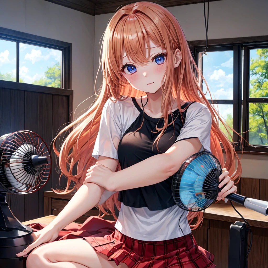 red blonde、blue eyess、one good looking girl、独奏、animesque、Plaid miniskirt、Black T-shirt、camisole、the woods、Sunlight、inside in room、Gah、Frolicking、electric fan、Hugging、ah、being sloppy