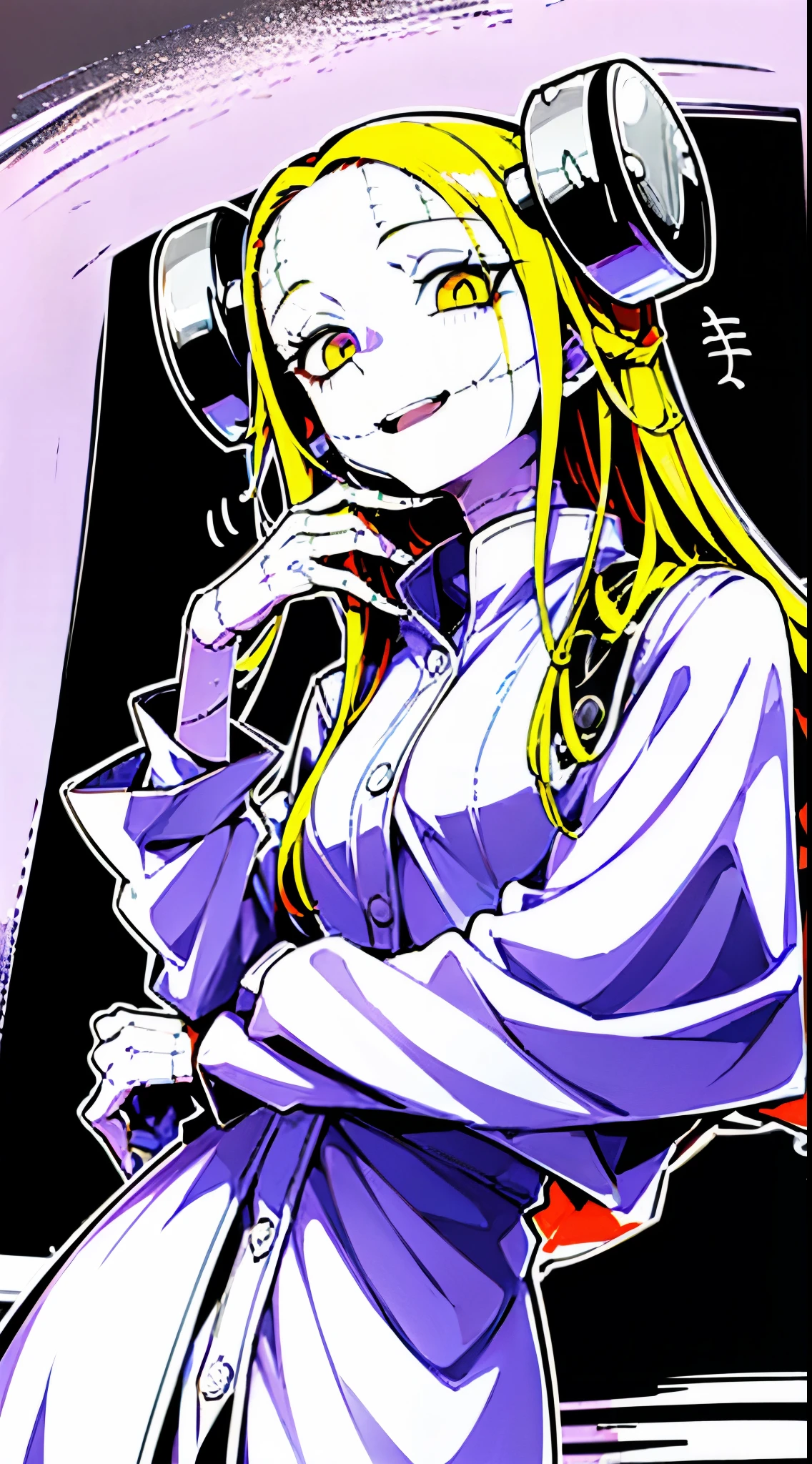 Madaraki_Fran,A  girl ,(((Laughs a lot))),Happy,brush your teeth,the madhatter ,surgeon ,Clean hands, hairlong , yellow hair,seams , Scars on the body , A creepy look , scary eyes , An intimidating look , creepy smile , bags under eyes, ((((Tired)))),Gesugao&#39;s face
