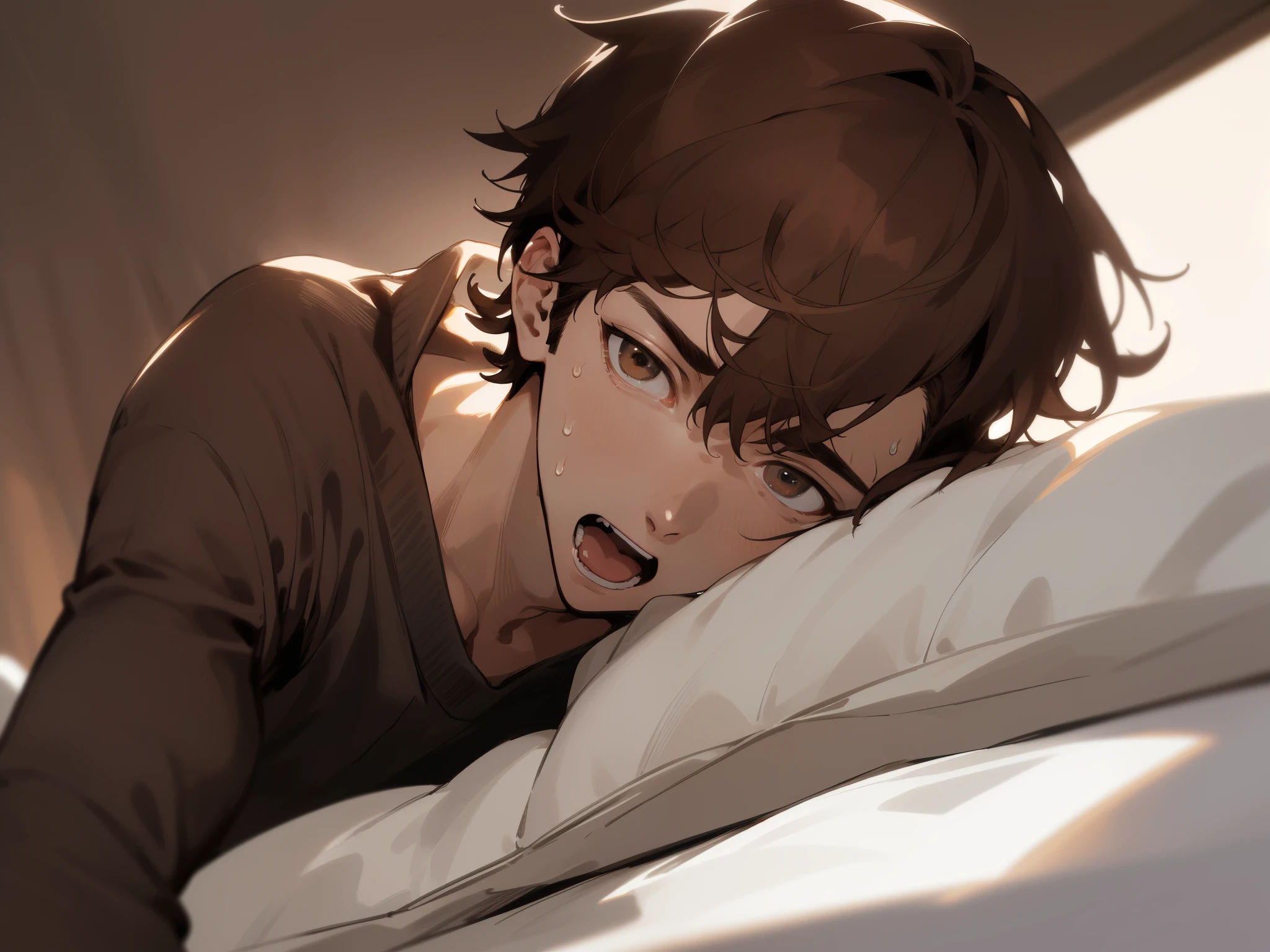 (Dynamic Angle,absurderes、hight resolution、ultra-detailliert),upper body, close up,ムラムラ,Sweaty,1 male,a handsome、opened mouth,Black sweater,extra very short hair、Brown hair、eyes are brown,Background Hotel,a bed,a handsome、Angle from below,Push your audience down