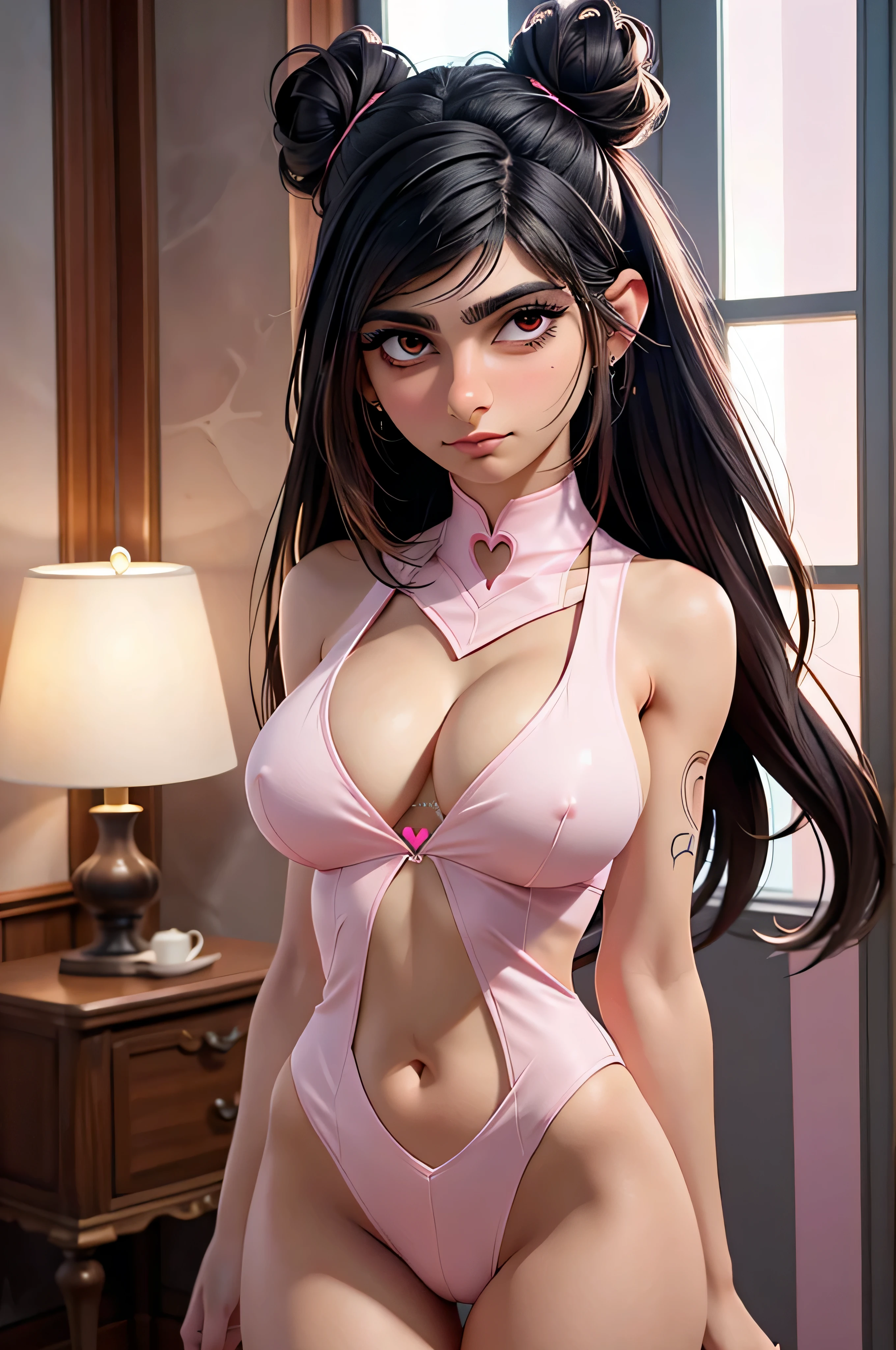 Mia Khalifa, bela foto hiper real, anime vibes, boneca, cabelo rosa claro pastel muito longo, fetiche, heart shaped face, ver, caneca : :, coque de cabelo, beautiful symmetric body, ela, Of, (Ultra Detalhado), hiperdetalhado, UHD, (HDR), 8k, Cinematic lighting,cores ricas textura realista hiper realista,